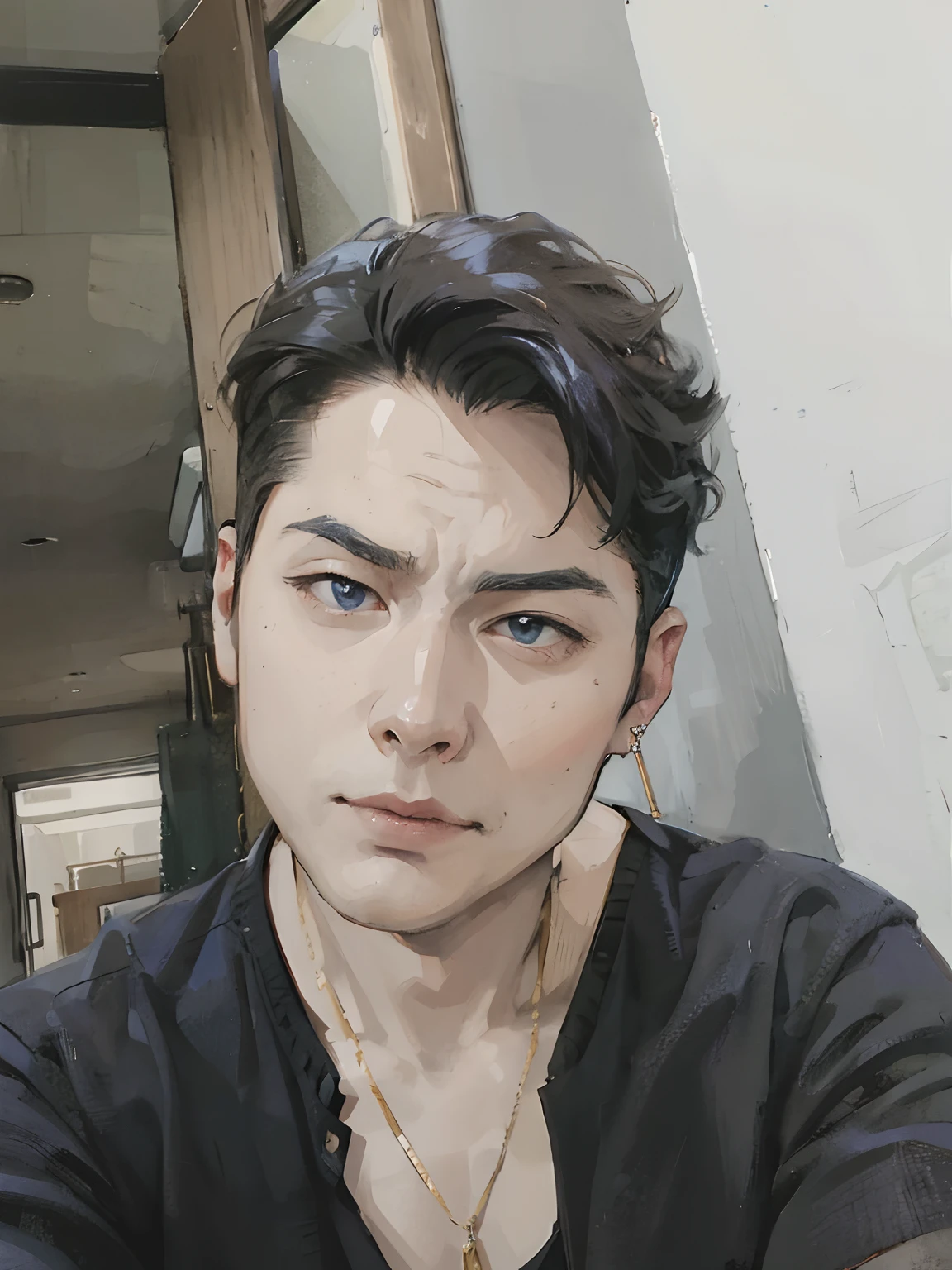 Anime style, handsome, cool man earing, city bacground