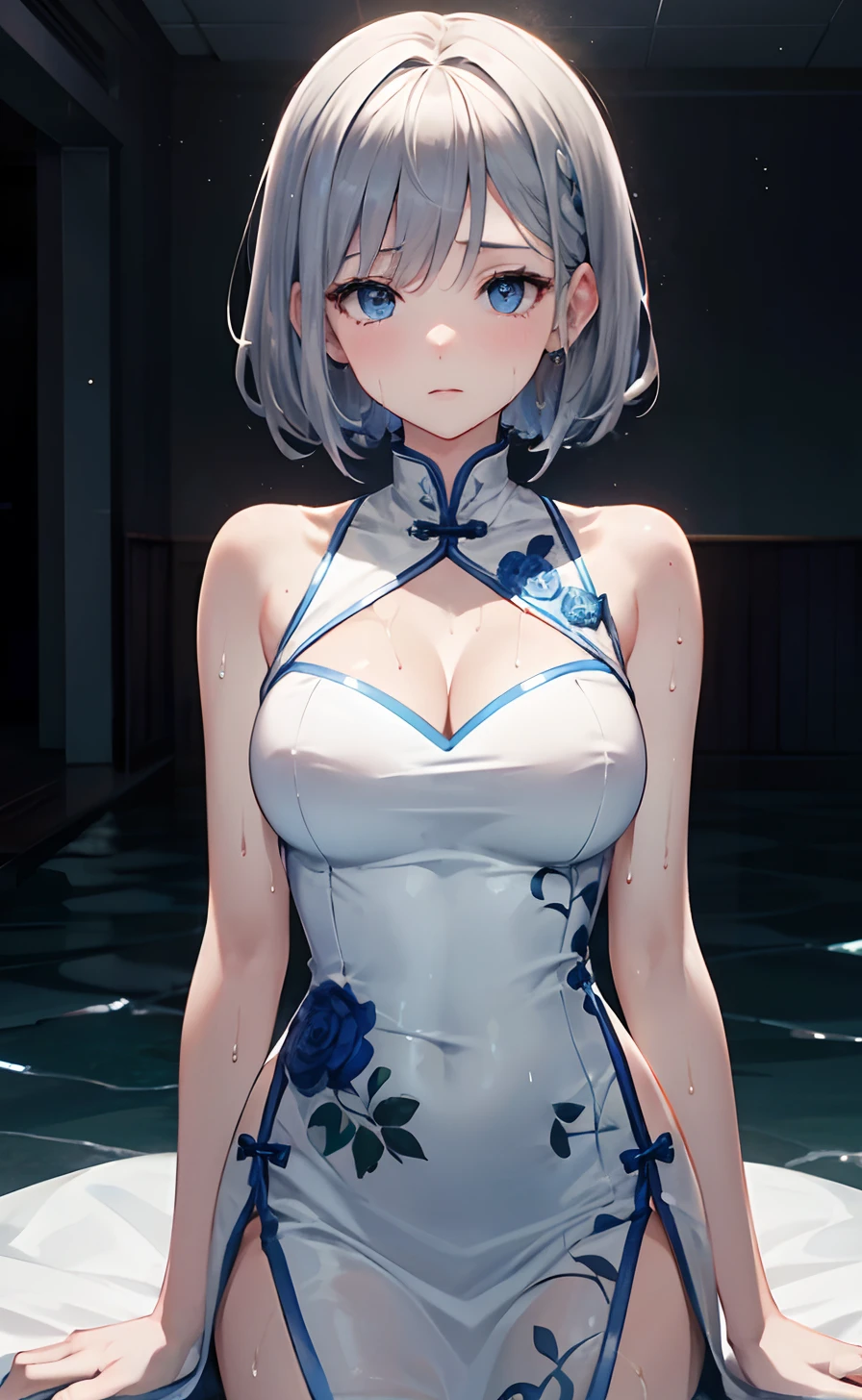 masterpiece,Top image quality,hight resolution,imagem 4k,Raw photo,Photorealsitic,{Solo},teens girl,Embarrassment,Silver Shorthair,frontage,stare at each other,Wet,Blue eyes,,white china dress,full bodyesbian