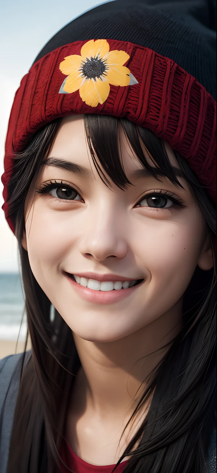 selene,girl, black eyes, short black hair, red beanie,yellow floral shirt, looking at viewer, serious, smiling, close up portrait,
outside, beach, blue sky, extreme detail, hdr, realistic detail, analog,