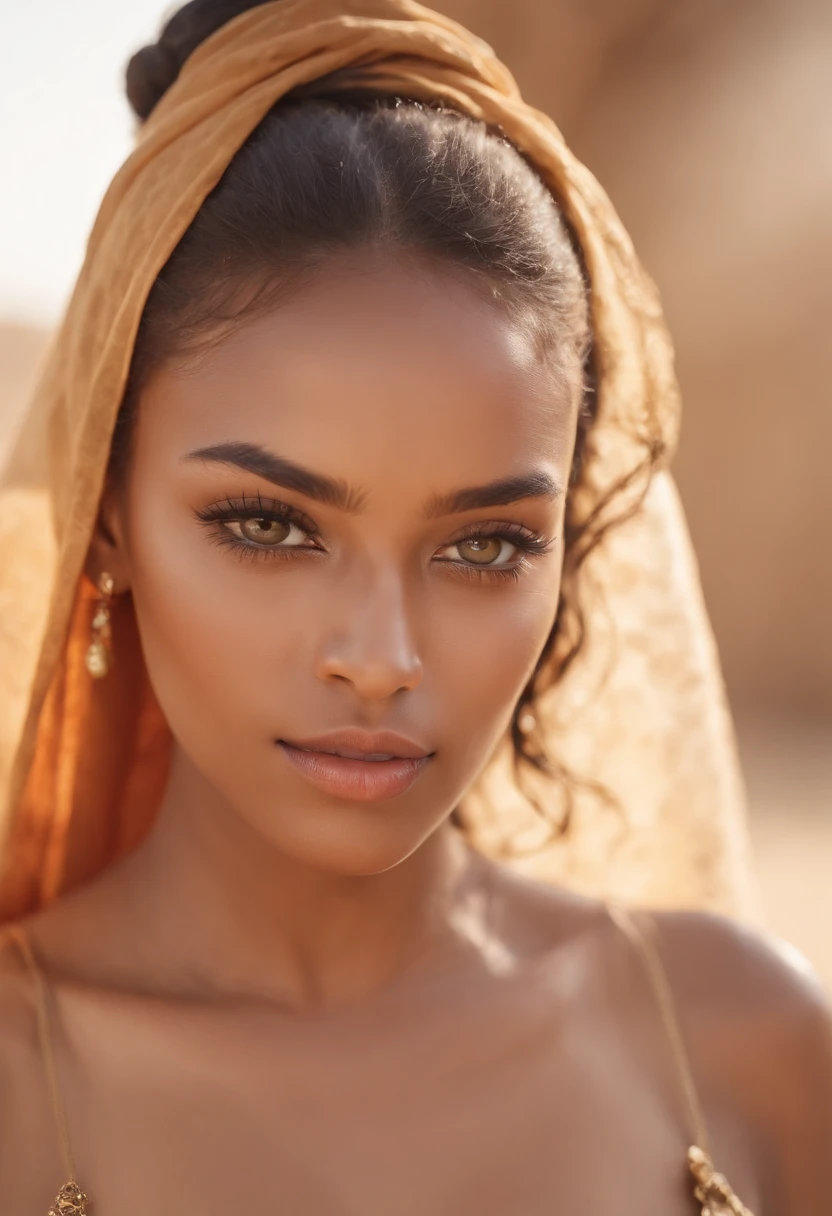 dark brown skin, beautiful face, veiled , african tribal theme, gold jewelry, ((crystal clear hazel eyes:1.2)), detailed eyes, beautiful eyes, ((masterpiece, UHD, 8K)), Depth of field, sand dunes, cleavage, large breasts, focus on eyes, breasts popping out, detailed skin, texture skin, sexy shoulders, golden brown tan, highly detailed skin, long eyelashes, black mascara, perfect face, long dress, portrait