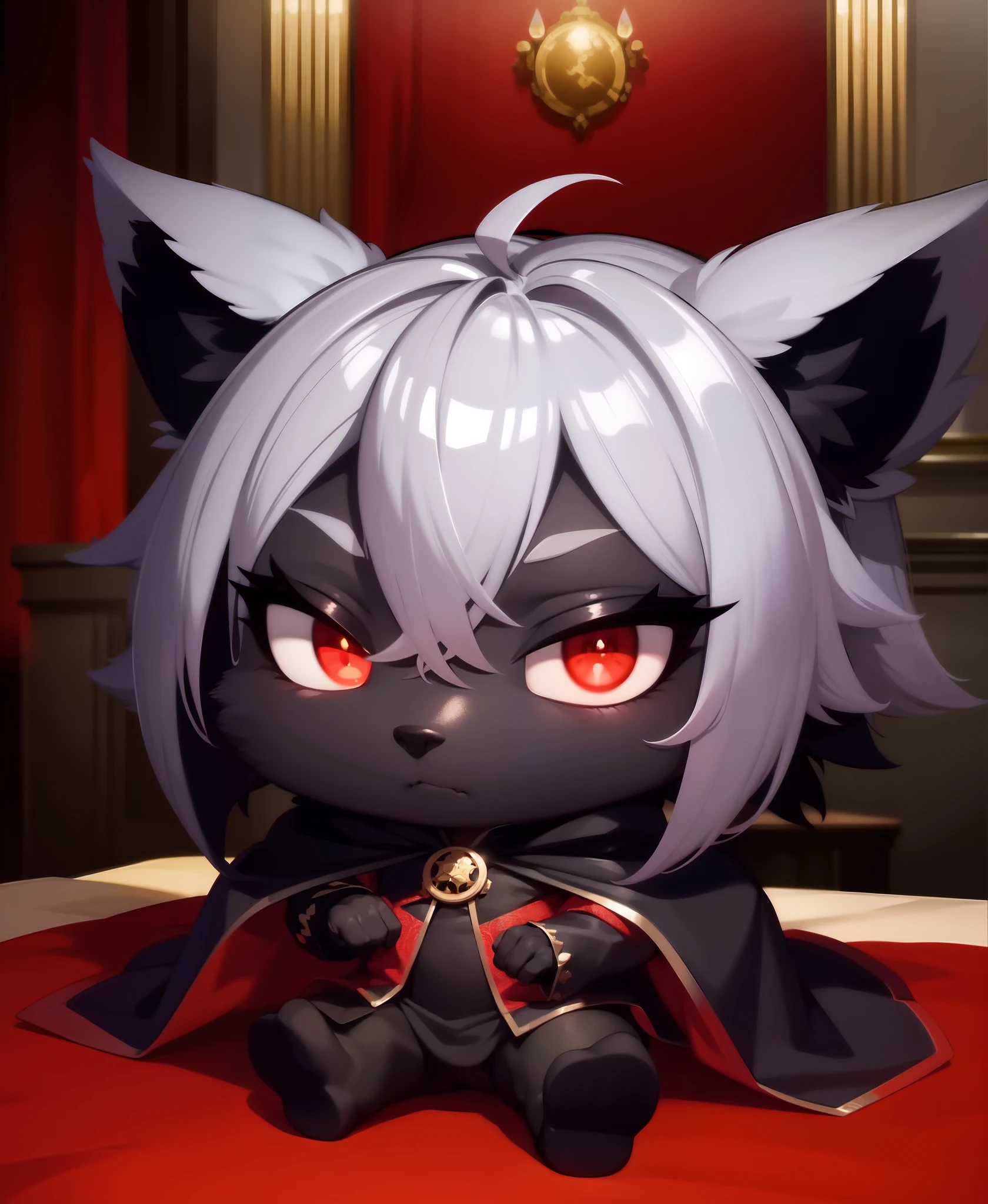 best quality, ultra high res,1furry boy， solo，detailed eyes, volumetric lighting, amazing, finely detail, , black cloak , red eyes, black sclera, bright pupils, full body, night, indoor, chibi