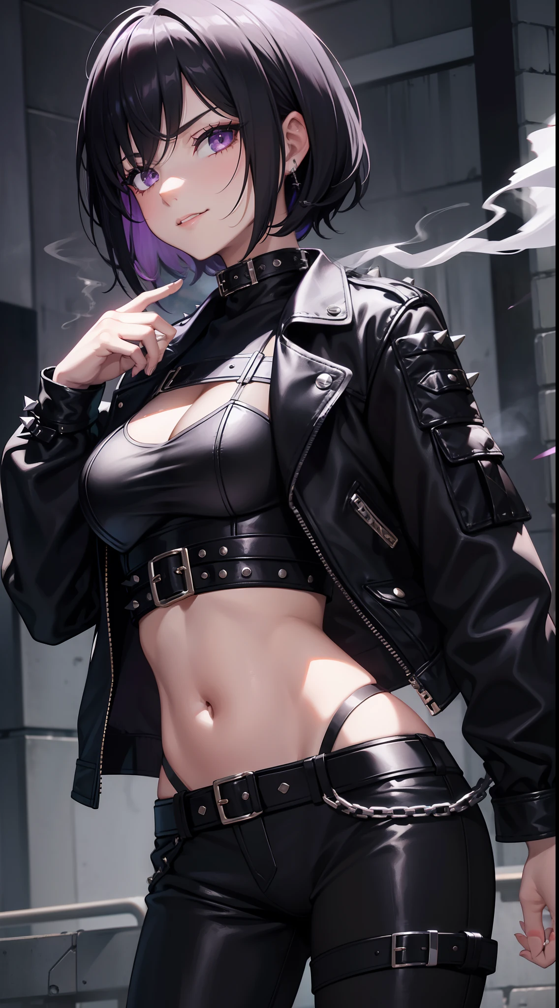 young girl, Short black hair, violet eyes, smirk, Black leather jacket with spikes, open belly, breeches, Chains on clothes, scar on face, cigarette, Smoke, hiquality, 4k, HD, Good detail