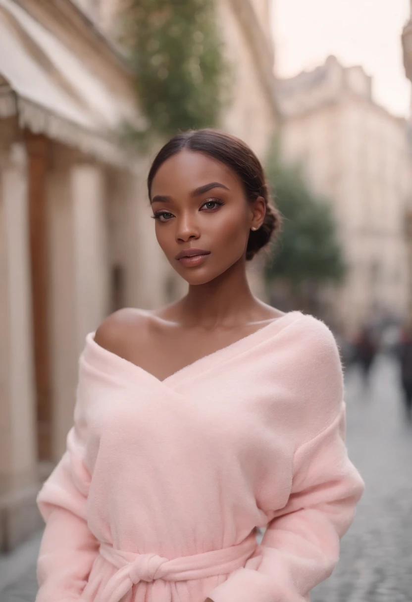 ultra realistic photo, robe, best quality, masterpiece, black african woman inspired by Barbie, black skin, beautiful face, wearing jeans: 0.91 and black sweatshirt, realistic smooth skin, ultra realistic skin, pastel neon, night, dynamic lighting, on a street in Paris, (dynamic pose:1.10), (good composition:1.10), (subtle lighting:1.10), (Awarded:1.10), ((breathtaking:1.10:1.35)) , ( πrim-work :1.10), (highly detailed skin:1.2), (filmic grain:0.04), particle effects, __Camera capture_Models/sigma__, NEWS TYPE, speed lines, (perfect handsome young face:1.10) , (Pink :1.10)