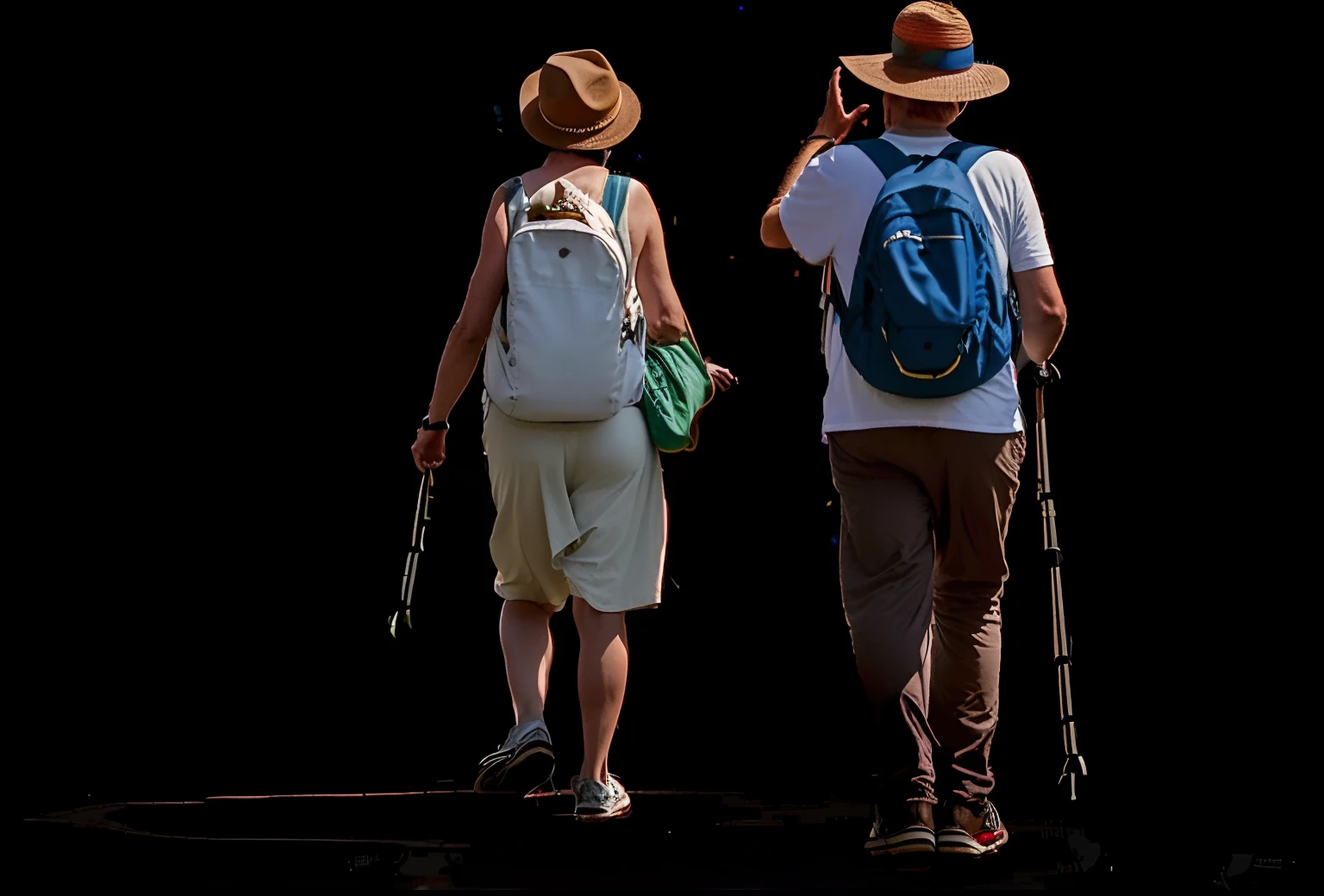 there are two people walking together with a backpack and a hat, man and woman walking together, walking together, two skinny old people, two old people, people walking, travellers, couple, 2 people, by Mirko Rački, tourist, by Aleksander Kotsis, by Andrzej Wróblewski