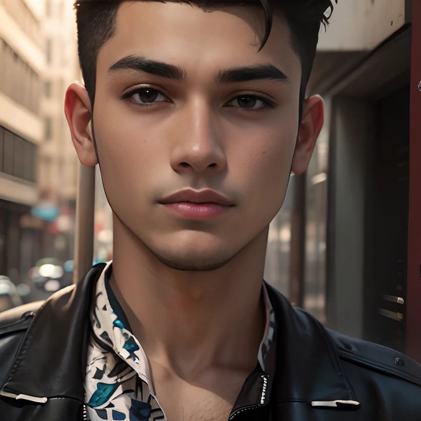 "Change background to urban street with graffiti, realistic face of a stylish and handsome boy."
