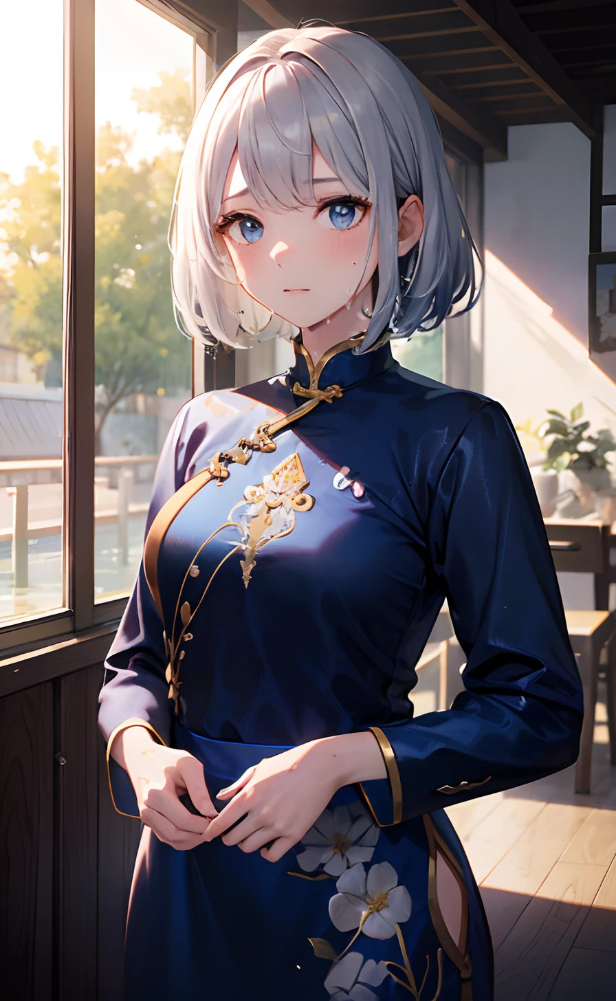 masterpiece,Top image quality,hight resolution,imagem 4k,Raw photo,Photorealsitic,{Solo},teens girl,Embarrassment,Silver Shorthair,frontage,stare at each other,Wet,Blue eyes,,absurderes,Ao Dai