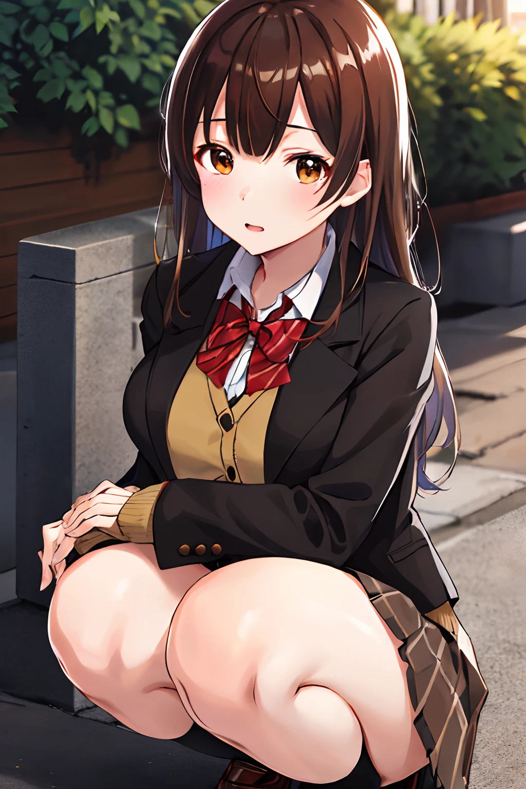 masutepiece, Best Quality, hight resolution, 1girl in, Brown hair, Long hair, Bangs, Brown eyes, medium breasts, red bowtie, School uniform, Black jacket, Open jacket, Brown cardigan, White shirt, Black skirt, plaid skirts, Squatting, Outdoors