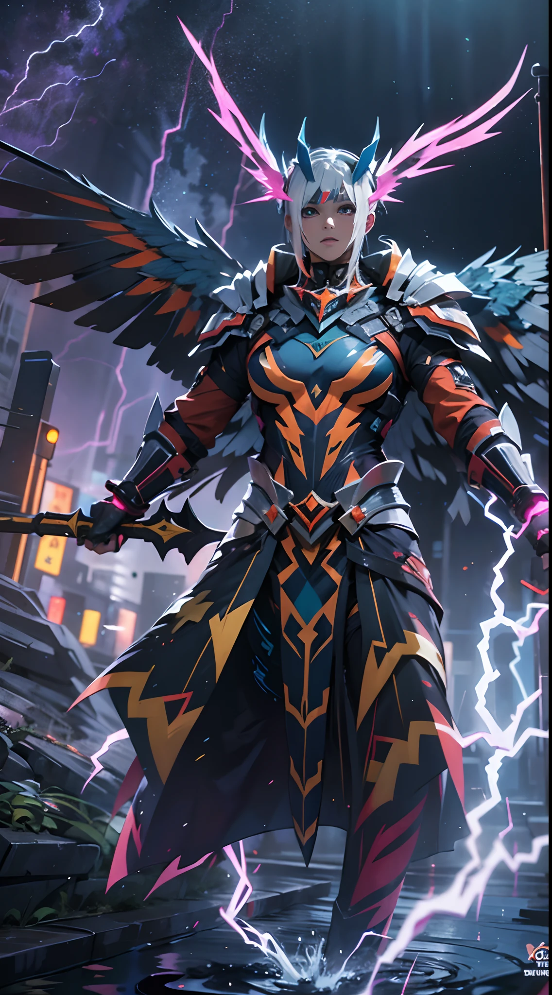 (A winged warrior who has swam through rivers of lightning),fotorrealista:1.37,Altas Resoluciones,vivid colors,Bokeh,Renderizado 3D,foco nítido,ultra detallado,Studio lighting,Guerrero,fierce expression,armadura,plumaje,Alas poderosas,lightning bolts,Aurora boreal,cielo tormentoso,superficies reflectantes,ethereal glow,mystical creature,Salpicaduras de agua,dynamic pose,espada,Ruinas antiguas.