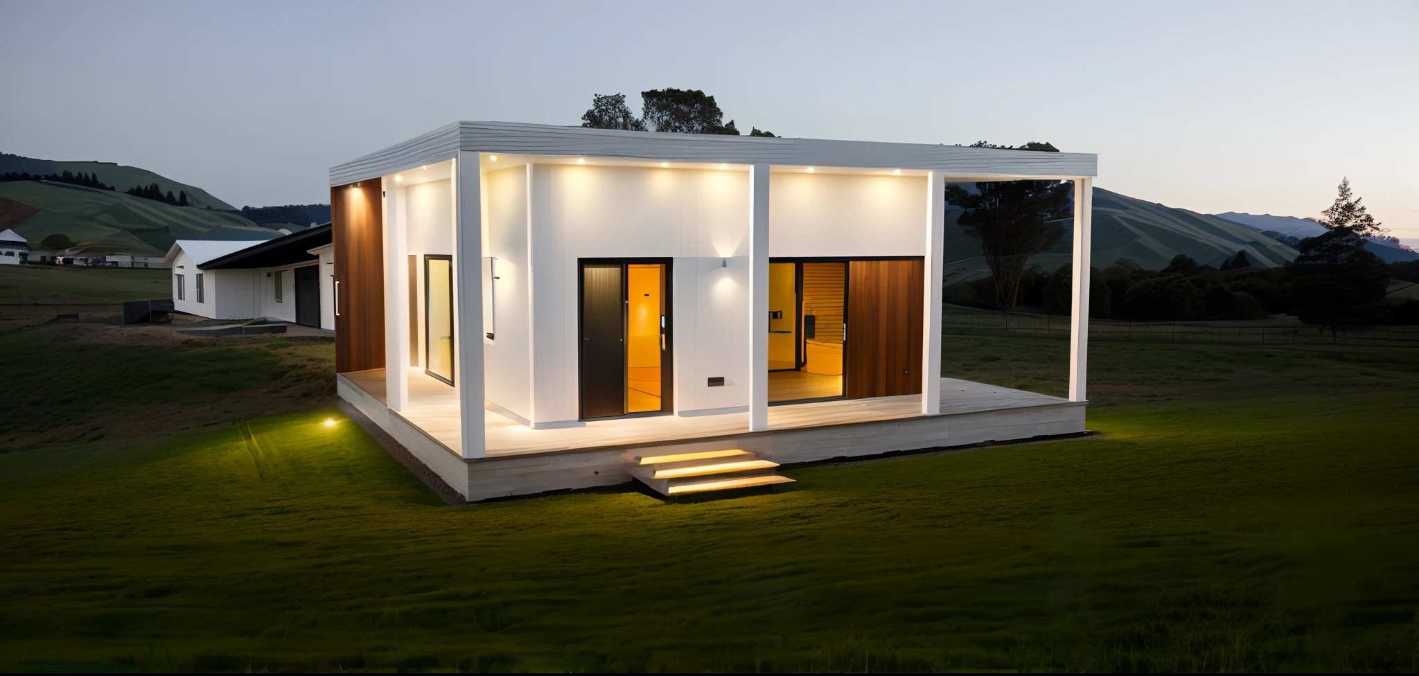 prefab house, style homstay, on a grass hill, white wooden walls, black door