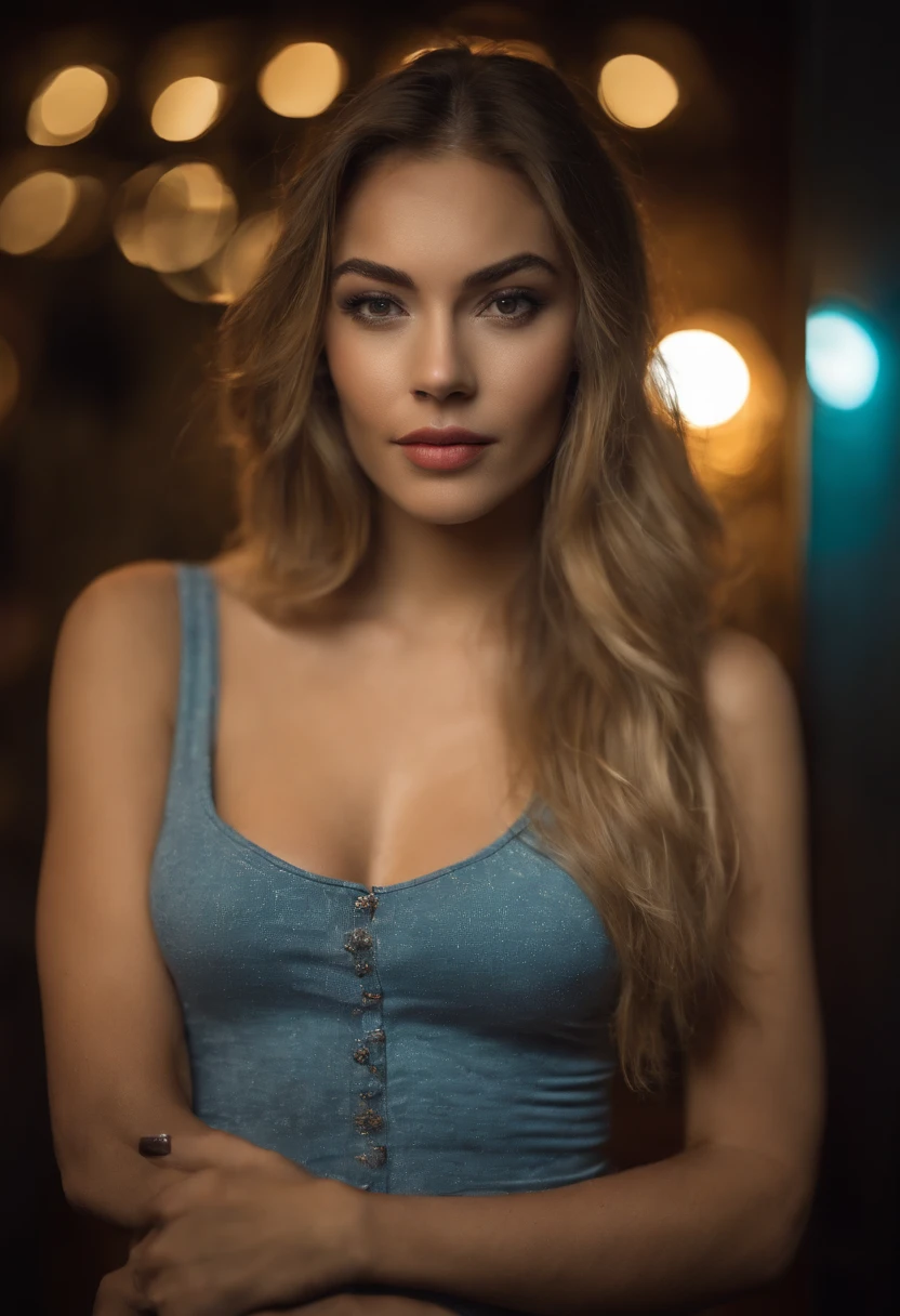 Blonde woman with matching tank top and skirt posing in a nightclub, fille sexy aux yeux bleus, Portrait Sophie Mudd, blur background, Best quality, 1fille, Portrait de Corinna Kopf, cheveux blonds et grands yeux, selfie of a young woman, ohne Maquillage, maquillage naturel, Look directly into the camera, Visage avec Artgram, dezentes Maquillage, Superbe photo du corps entier, dans la chambre, gros seins, Blonde, Latin