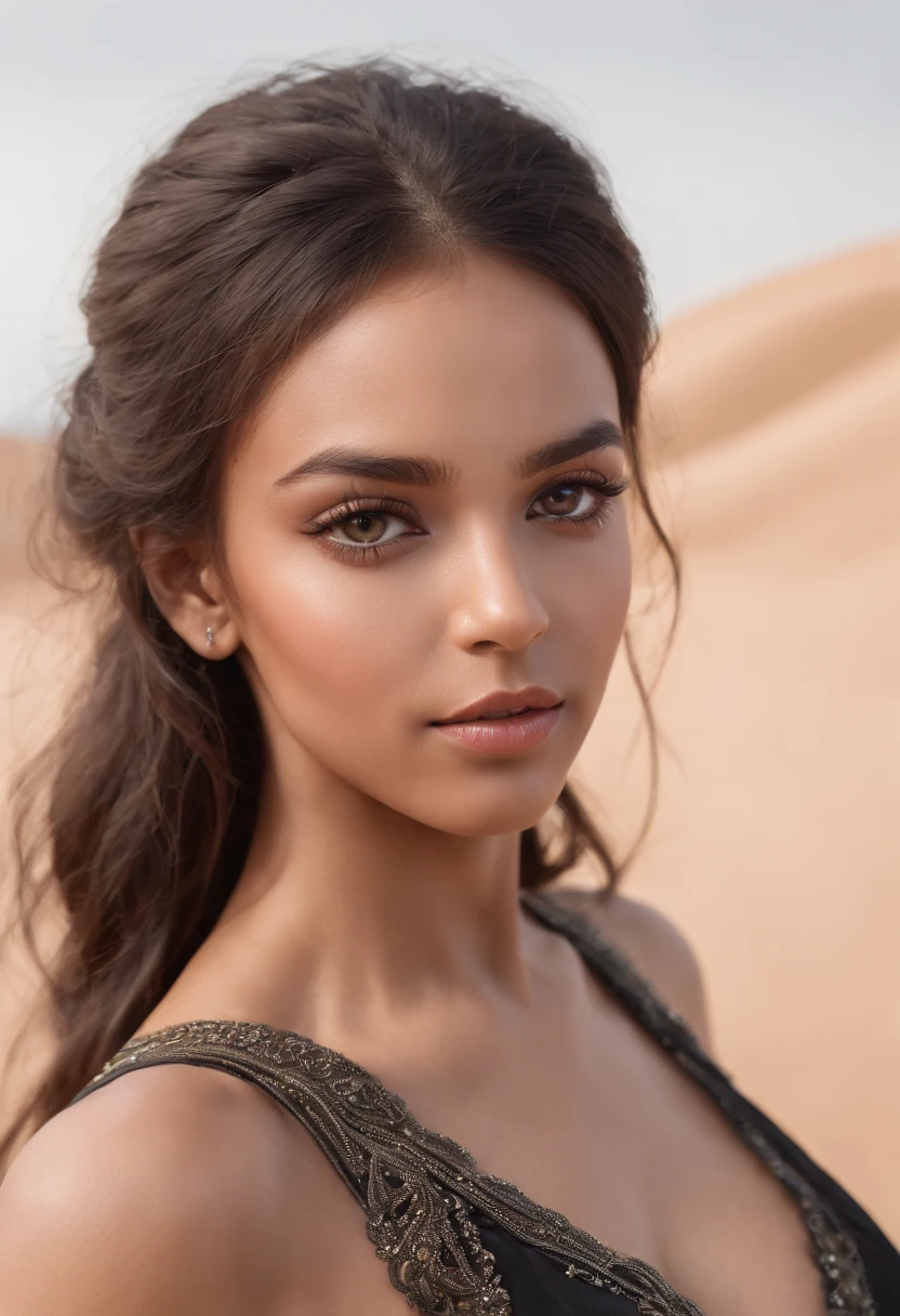 dark skin, beautiful face, veiled , african tribal theme, gold jewelry, ((crystal clear hazel eyes:1.2)), detailed eyes, beautiful gray eyes, ((masterpiece, UHD, 8K)), Depth of field, sand dunes, cleavage, large breasts, focus on eyes, breasts popping out, detailed skin, texture skin, sexy shoulders, golden brown tan, highly detailed skin, long eyelashes, black mascara, perfect face, long dress, close portrait