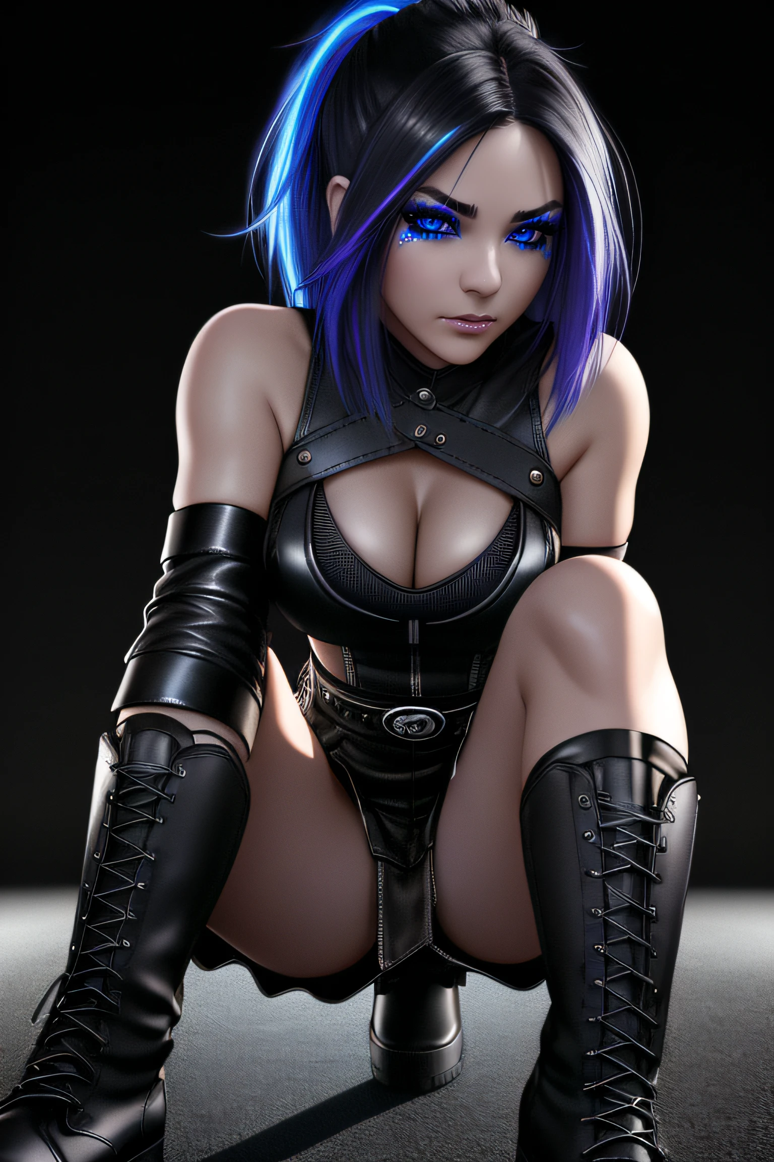 beautiful girl, full body, short bright blue neon streaked dishevelled hair, ((large light realistic detailed eyes:1.3)), ((seductive pose:0.5)), black eyeshadow, (street style wear:1.2), ((tight fitted short skirt)), ((knee high leather boots:1.3)), (dark city night black background:1.4), dark makeup, digital art, trending on artstation, highly detailed, fine detail, intricate, beautiful detailed glow, detailed, Cinematic light, high-res, detailed facial features, sharp focus, smooth, aesthetic,