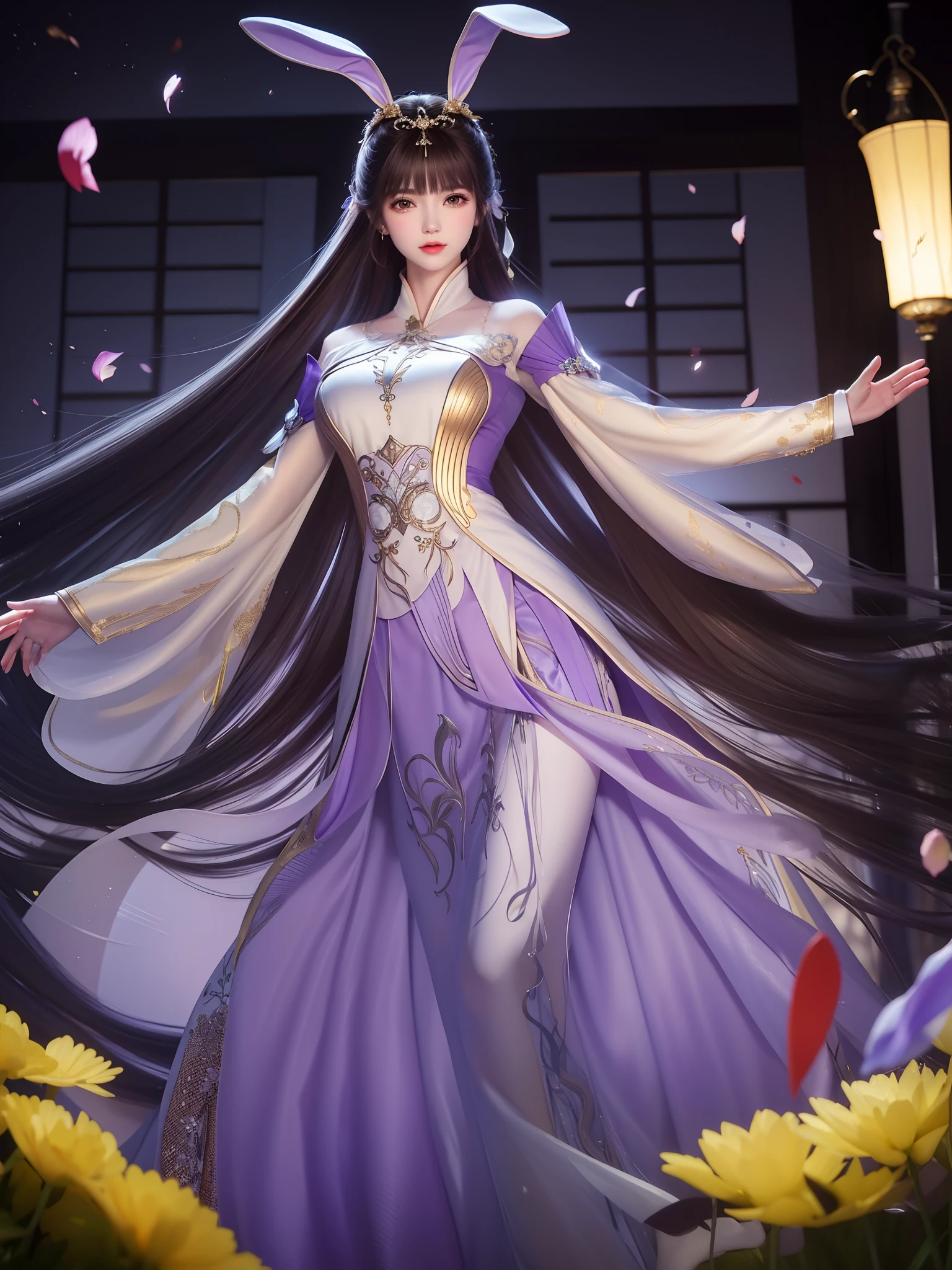 1girl,rabbit ears,long dress,long hair, hair ornament, Superb Quality, Masterpiece, High Resolution, (Exquisite Body: 1.5), Stunning Beauty, (Milky Skin: 1.3), Exquisite Details, High Resolution, Wallpaper, 1 Woman, Solo, Dress, Hair Accessories, (((Golden Purple Skirt)) ), Flower, Long Hair, Brown Hair, Shut Up, Accessories, Long Sleeves, Raised Hand, Wide Sleeves, Big Eyes, Flowing Hair, Hanfu, Hanfu, Embroidery, Long Skirt, Natural Pose, Falling Petals, Indoor, Fanning, Lantern, 16K, HDR, High Resolution, Depth of Field, (Film Grae: 1.1), Bocon, Primetime, (Lens Glow), Vignette, Rainbow, (Color Grading: 1.5)