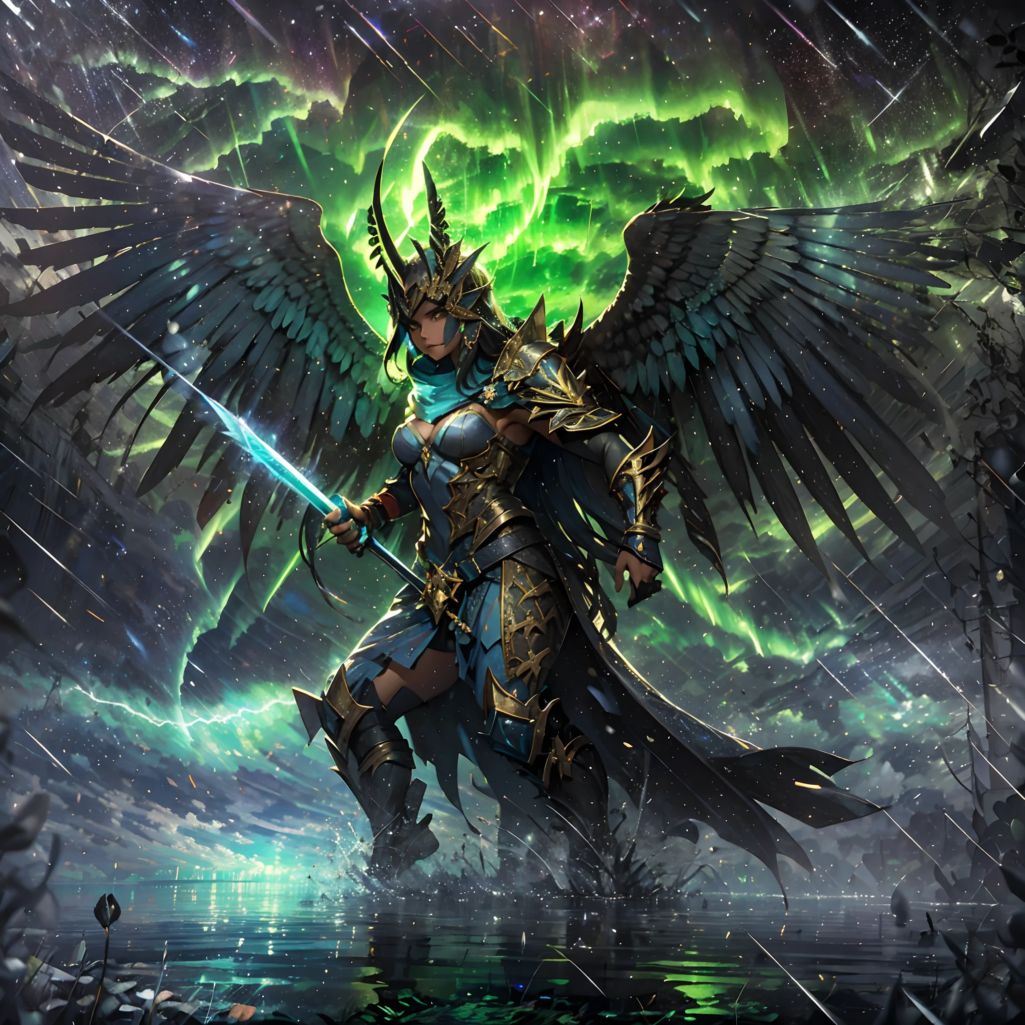 (A winged warrior who has swam through rivers of lightning),fotorrealista:1.37,Altas Resoluciones,vivid colors,Bokeh,Renderizado 3D,foco nítido,ultra detallado,Studio lighting,Guerrero,fierce expression,armadura,plumaje,Alas poderosas,lightning bolts,Aurora boreal,cielo tormentoso,superficies reflectantes,ethereal glow,mystical creature,Salpicaduras de agua,dynamic pose,espada,Ruinas antiguas.