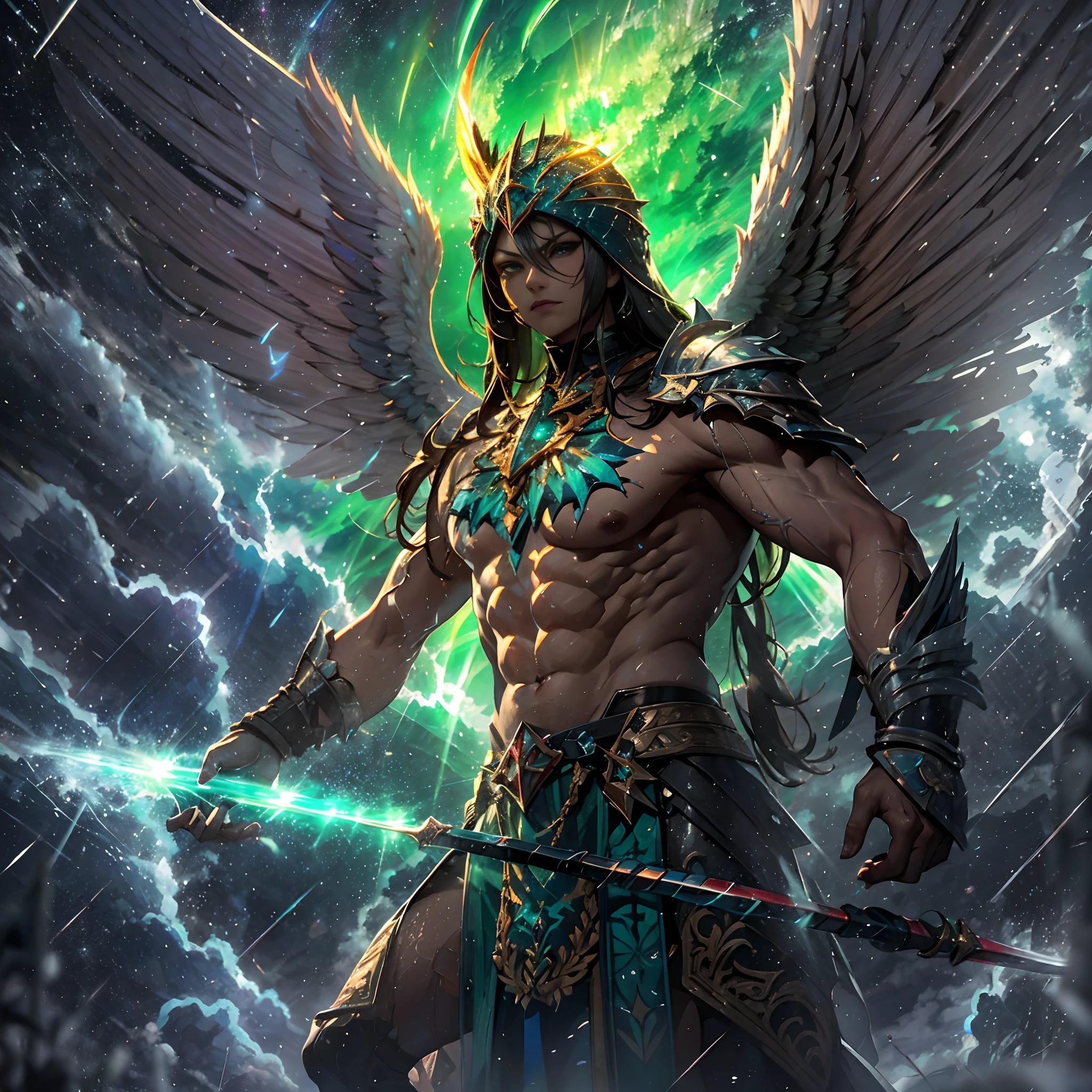 (A winged warrior who has swam through rivers of lightning),fotorrealista:1.37,Altas Resoluciones,vivid colors,Bokeh,Renderizado 3D,foco nítido,ultra detallado,Studio lighting,Guerrero,fierce expression,armadura,plumaje,Alas poderosas,lightning bolts,Aurora boreal,cielo tormentoso,superficies reflectantes,ethereal glow,mystical creature,Salpicaduras de agua,dynamic pose,espada,Ruinas antiguas.