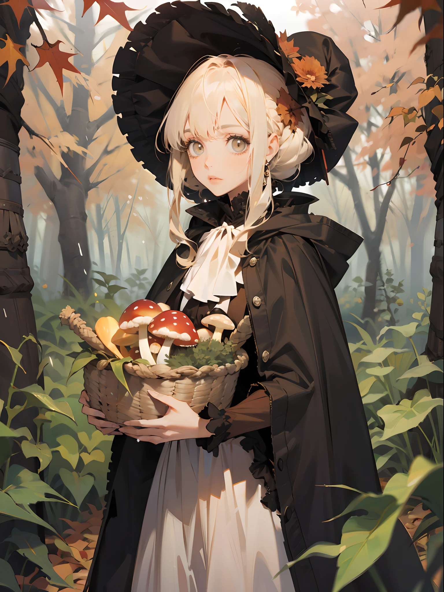 Running in the rain, (((running))), Mushroom Rain, 独奏, loli, blonde hair, dark brown eyes, Ordinary Doll, white colored hair, doll joints, bonnet, brown cloak, Long Dress, red ascot, autumn, Autumn vegetation, Mushrooms,, Dead trees, looking a viewer, emotionless, muted color, desaturated, Autumn Forest, gotik, Mushroom basket, sharp-focus, Depth of field
