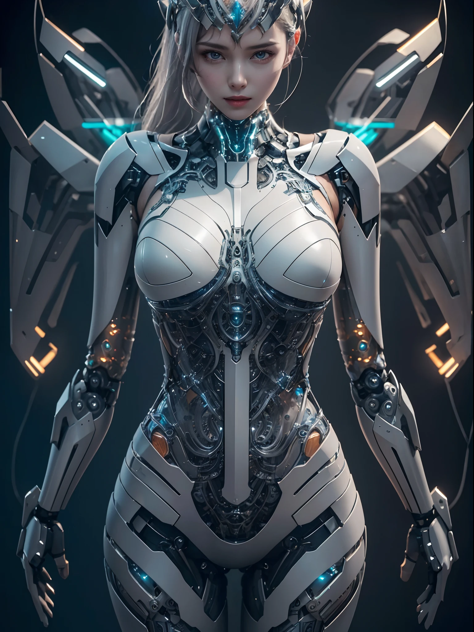 masterpiece,best quality,ultra-detailed,very detailed illustrations,extremely detailed,intricate details,highres,super complex details,extremely detailed 8k cg wallpaper,cowboy shot, reflections, ray tracing,dark aura,cyber effect, (1girl:1.4),solo,alone,mecha girl parts, robot joints,single mechanical arm, headgear, mechanical halo,intricate mechanical bodysuit, mecha corset, (transparent plastic armor), very long hair,white hair, hair between eyes, multicolored hair, colored inner hair, random expressions,random action, dynamic pose.