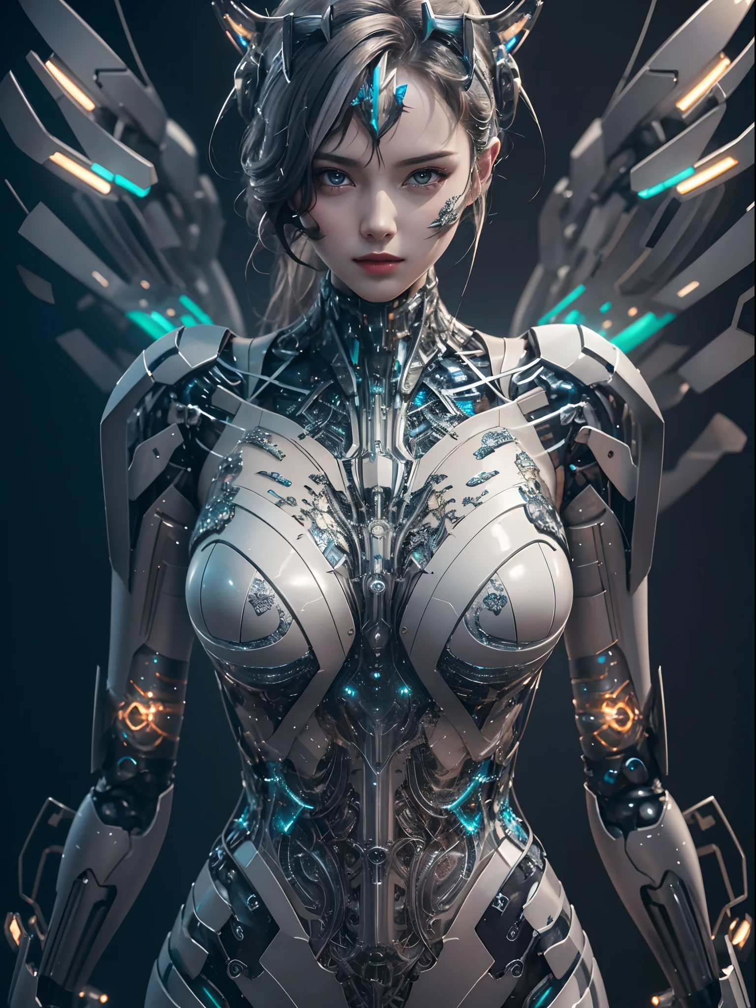 masterpiece,best quality,ultra-detailed,very detailed illustrations,extremely detailed,intricate details,highres,super complex details,extremely detailed 8k cg wallpaper,cowboy shot, reflections, ray tracing,dark aura,cyber effect, (1girl:1.4),solo,alone,mecha girl parts, robot joints,single mechanical arm, headgear, mechanical halo,intricate mechanical bodysuit, mecha corset, (transparent plastic armor), very long hair,white hair, hair between eyes, multicolored hair, colored inner hair, random expressions,random action, dynamic pose.