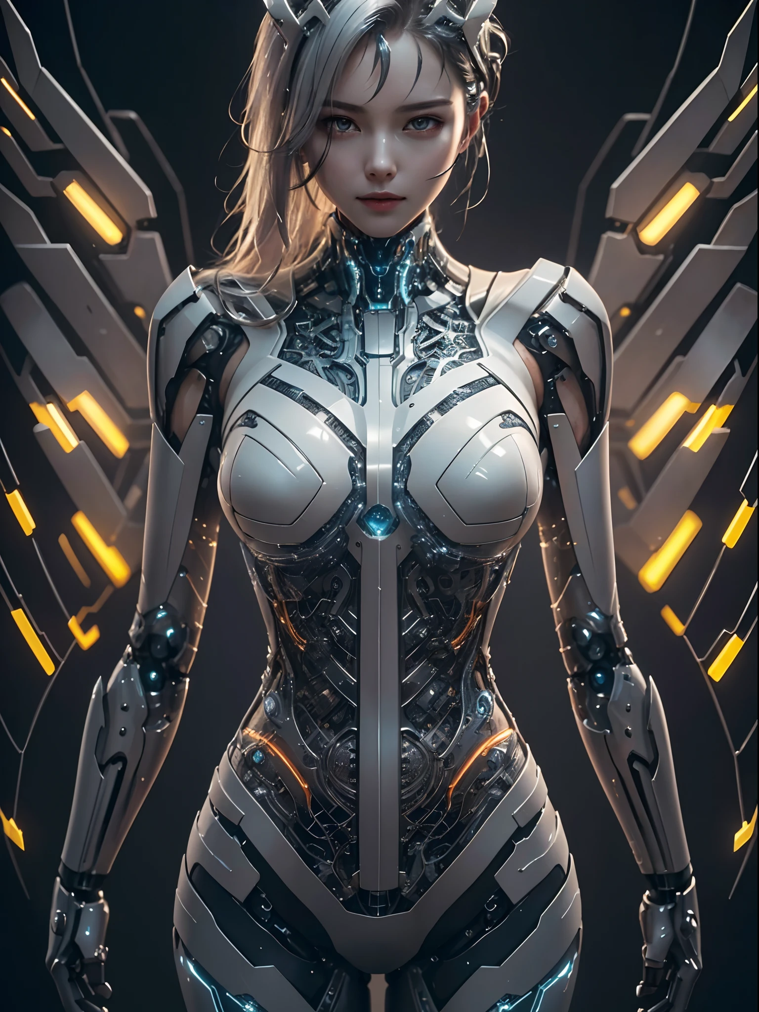 masterpiece,best quality,ultra-detailed,very detailed illustrations,extremely detailed,intricate details,highres,super complex details,extremely detailed 8k cg wallpaper,cowboy shot, reflections, ray tracing,dark aura,cyber effect, (1girl:1.4),solo,alone,mecha girl parts, robot joints,single mechanical arm, headgear, mechanical halo,intricate mechanical bodysuit, mecha corset, (transparent plastic armor), very long hair,white hair, hair between eyes, multicolored hair, colored inner hair, random expressions,random action, dynamic pose.