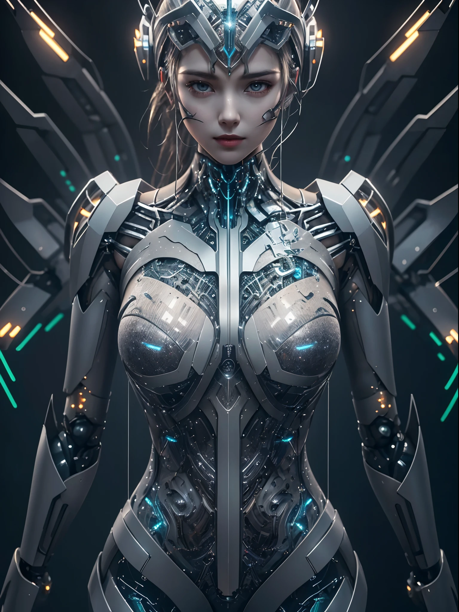1 mechanical girl, batle alita angel | | |, ((super realistic details)), portrait, global illumination, shadows, octane rendering, 8k, super sharp, metal, complex, ornamental detailed, cool colors, egyptian details, highly complex details, realistic light, CGsociety trends, bright eyes, facing camera, Neon details, mechanical limbs, blood vessels attached to tubes, mechanical vertebrae attached to the back, mechanical cervical vertebrae attached to the neck, Full body, purple wires and cables attached to the head, (heel socks), (red blood), (golden yellow armor, silver white), (transparent bone), provocative sexy posture, bikini white, red
