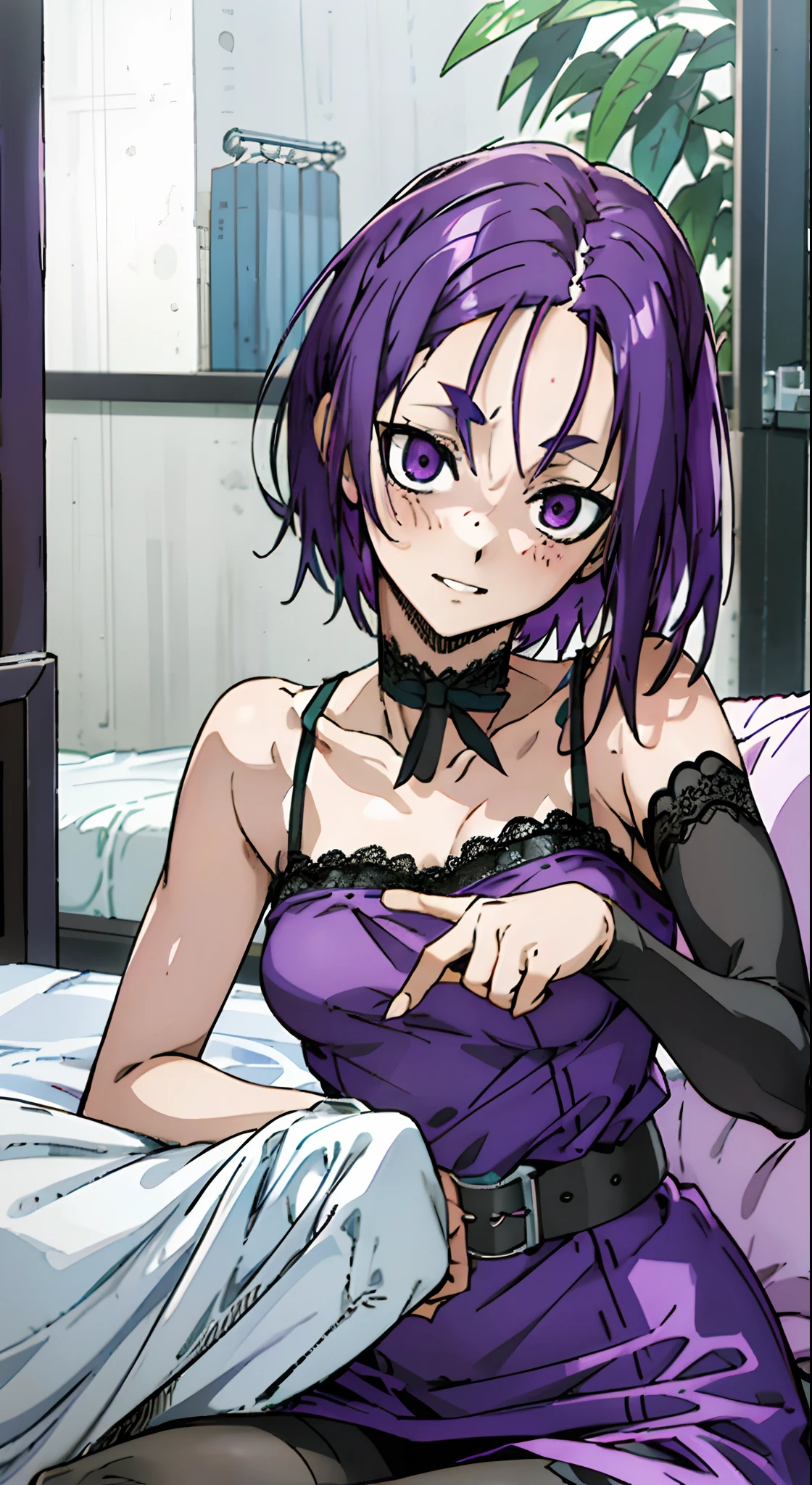 Masterpiece, Best quality, Ultra-detailed, Off-the-shoulder attire, Colorful,take up close, Hyper-detailing,purple color hair, reo mikage, bluelock, no sleeves, camisole, blue camisole, cheongsam, chinese clothes, chest exposure, underwear, frilly underwear, the kinky is exposed, choker, black choker, arm warmers, sexy breasts, scar, big breasts, red blush, 1girl, Solo, sharpy face, heterochromia, green eyes, purple eyes, Bare neck, happiness face, Bedroom, bed, bare feet, leggings, black leggings, futon, blanket, yellow blanket, lying down, pillow, blue pillow