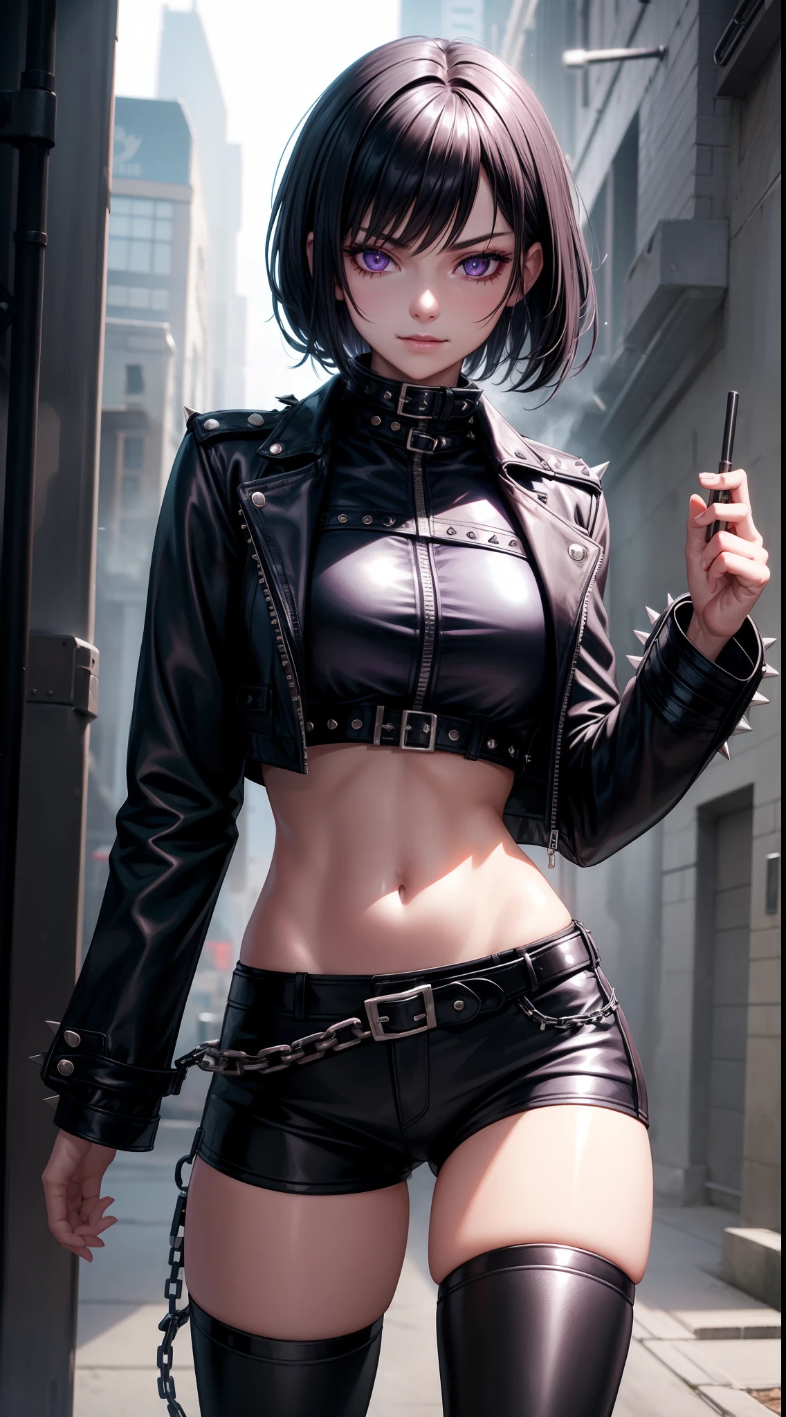 young girl, short black hair, violet eyes, smirk, Black leather jacket with spikes, open belly, breeches, Chains on clothes, scar on face, cigarette, Smoke, hiquality, 4k, HD, Good detail