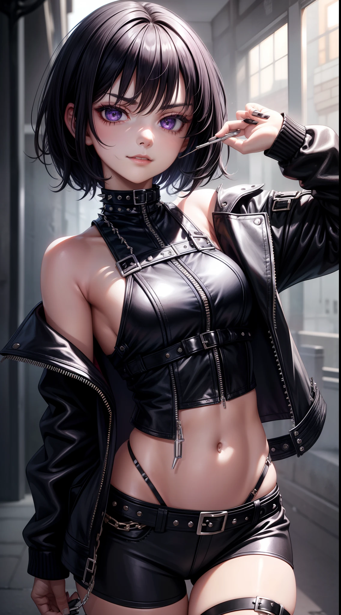 young girl, short black hair, violet eyes, smirk, Black leather jacket with spikes, open belly, breeches, Chains on clothes, scar on face, cigarette, Smoke, hiquality, 4k, HD, Good detail