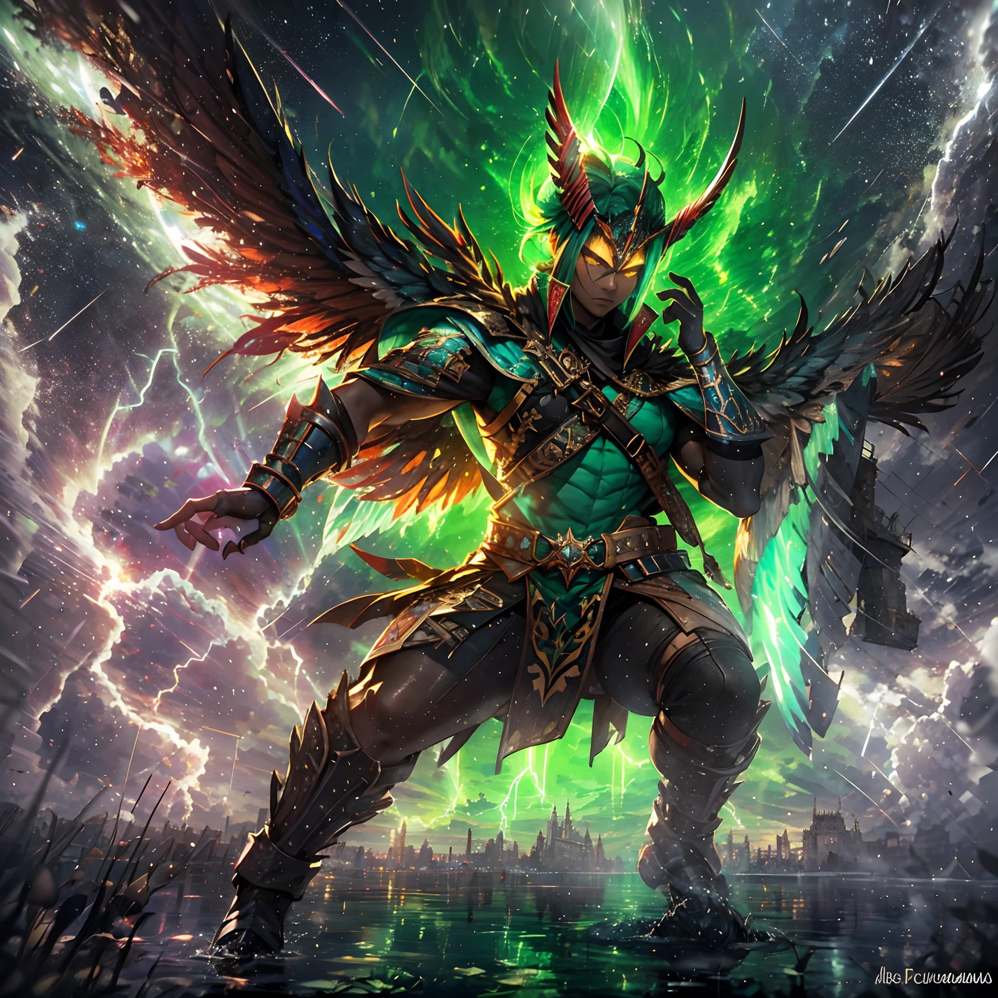 (A winged warrior who has swam through rivers of lightning),fotorrealista:1.37,Altas Resoluciones,vivid colors,Bokeh,Renderizado 3D,foco nítido,ultra detallado,Studio lighting,Guerrero,fierce expression,armadura,plumaje,Alas poderosas,lightning bolts,Aurora boreal,cielo tormentoso,superficies reflectantes,ethereal glow,mystical creature,Salpicaduras de agua,dynamic  pose,espada,Ruinas antiguas.