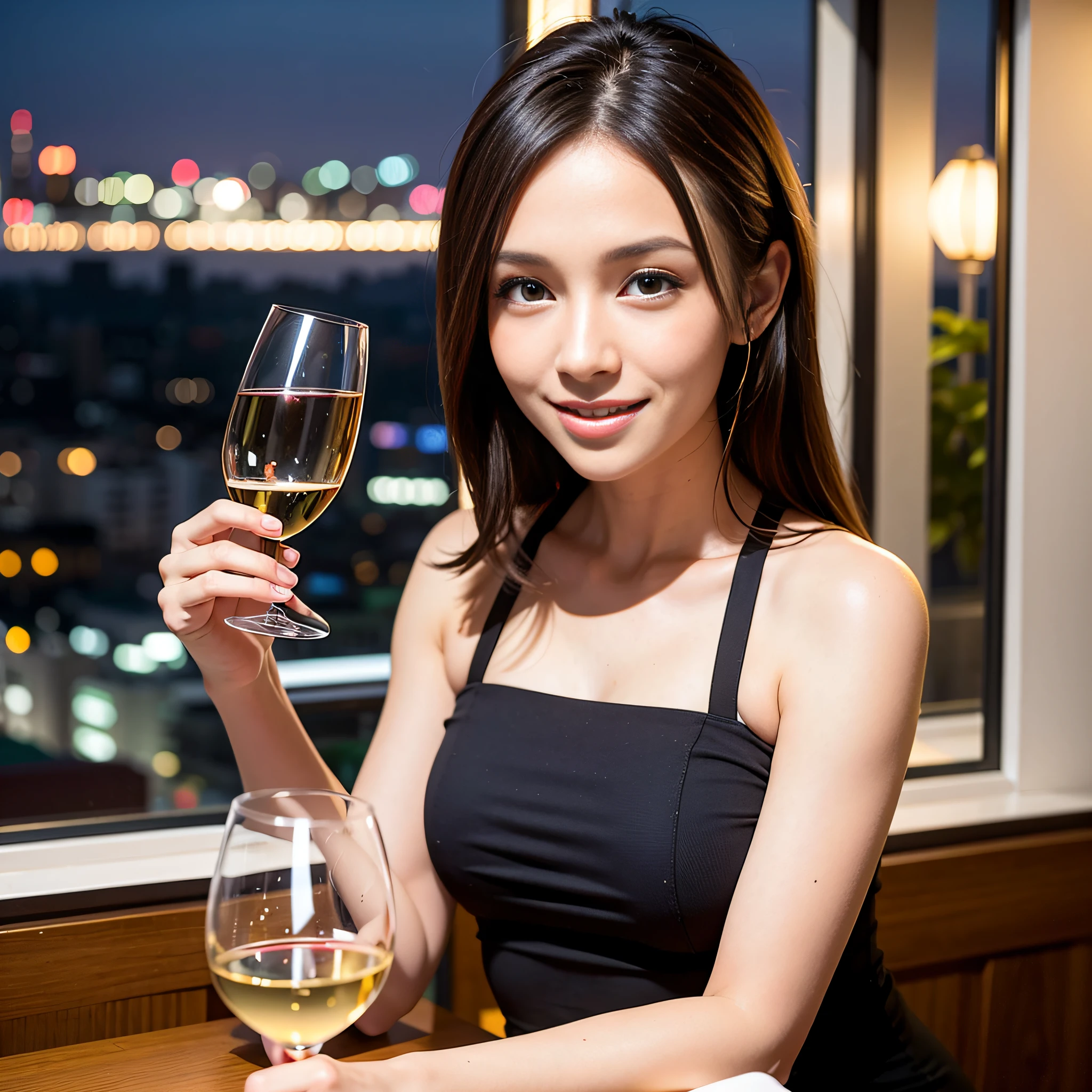 (64K, UHD, top quality, masterpiece: 1.2), (realistic, photorealistic: 1.37), super detailed, pretty woman 1 person, (slim face), (slim body), (brown hair), (short cut), cheeks slightly blushing, (44 years old), 38 years old, solo, beautiful detailed urban night view outside the window, restaurant, wine glasses sit, at night, in a prominent placeNovaFrogStyle, Actress, Model, Waist Up, White Wine, Slim, Wine Glass, Super Clean Night View, Wine Glass Put in the Middle, Happy Smile, (Smile: 1.15), Beautiful Fine Eyes, Upper Body, Bust Japan Up, Night, Short, Short, Actress, Model, Waist Up, White Wine, Slim, Wine Glass, Super Clean Night View, Wine Glass Put in the Middle, Happy Smile,