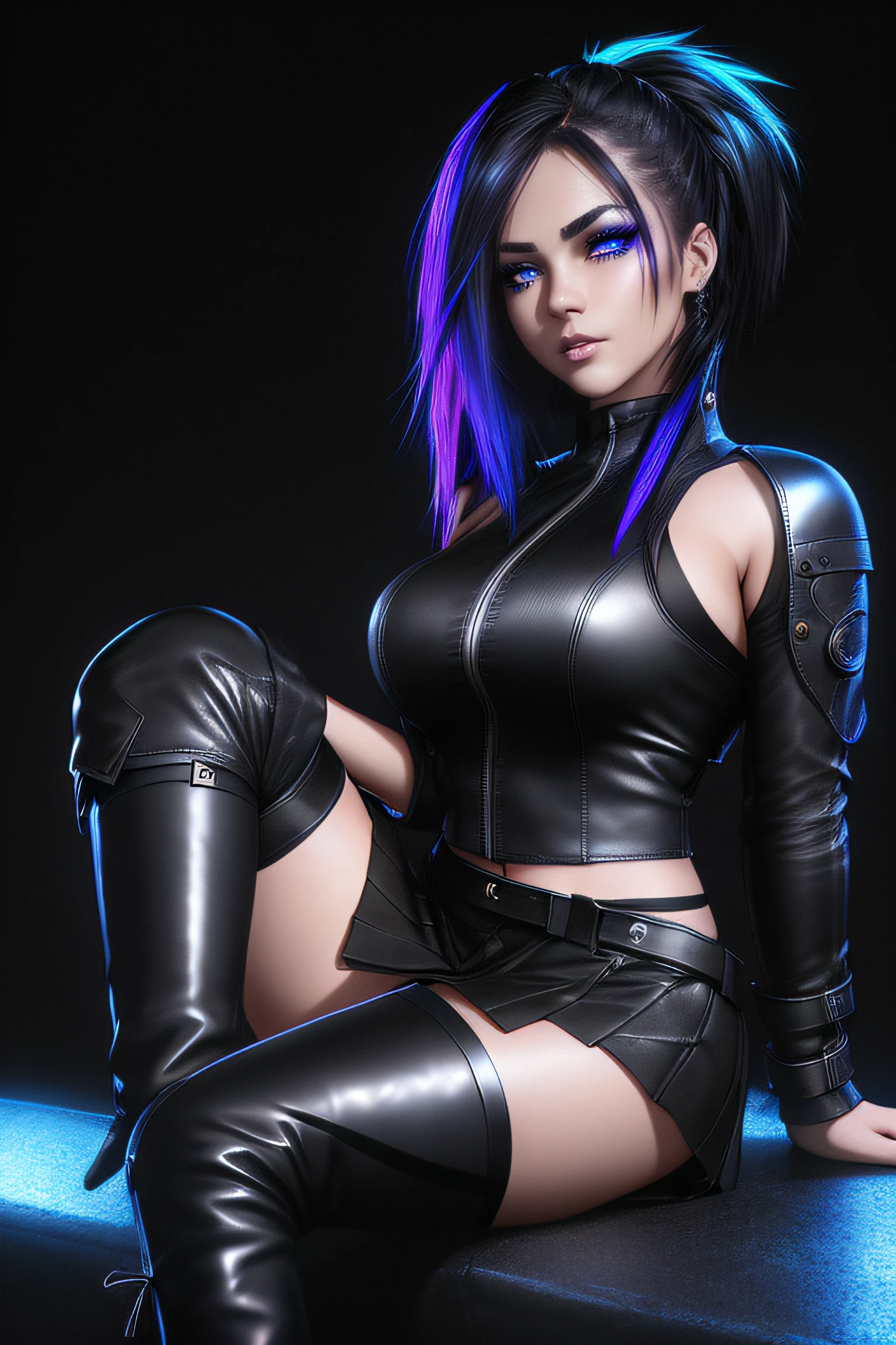 beautiful girl, full body, short bright blue neon streaked dishevelled hair, ((large light realistic detailed eyes:1.3)), ((seductive pose:0.5)), black eyeshadow, (street style wear:1.2), ((tight fitted short skirt)), ((knee high leather boots:1.3)), (dark city night black background:1.4), dark makeup, digital art, trending on artstation, highly detailed, fine detail, intricate, beautiful detailed glow, detailed, Cinematic light, high-res, detailed facial features, sharp focus, smooth, aesthetic,