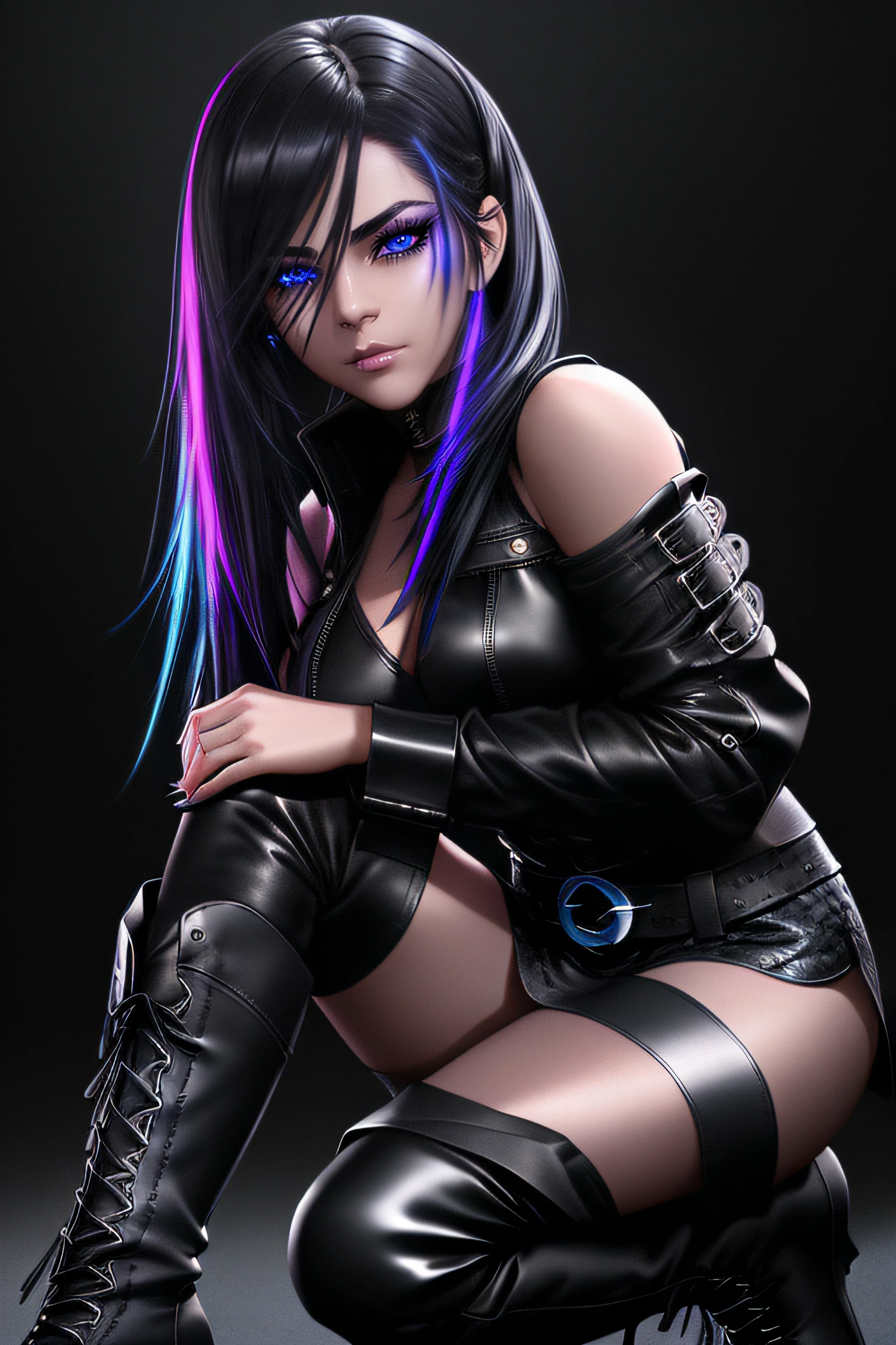 beautiful girl, full body, bright blue neon streaked dishevelled hair, ((large light realistic detailed eyes:1.3)), ((seductive pose:1.5)), black eyeshadow, (street style wear:1.2), ((tight fitted short pants)), ((thigh high leather boots:1.3)), ((dark city night black background:1.4)), dark makeup, digital art, trending on artstation, highly detailed, fine detail, intricate, beautiful detailed glow, detailed, Cinematic light, high-res, detailed facial features, sharp focus, smooth, aesthetic,