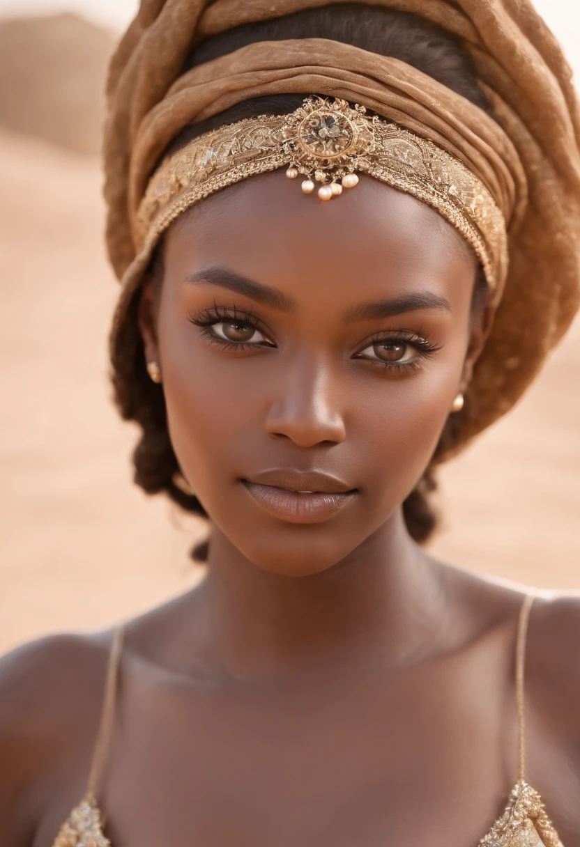 Black skin, beautiful face, veiled , african tribal theme, gold jewelry, ((crystal clear hazel eyes:1.2)), detailed eyes, beautiful gray eyes, ((masterpiece, UHD, 8K)), Depth of field, sand dunes, cleavage, large breasts, focus on eyes, detailed skin, texture skin, golden brown tan, long eyelashes, black mascara, perfect face, long dress, close portrait