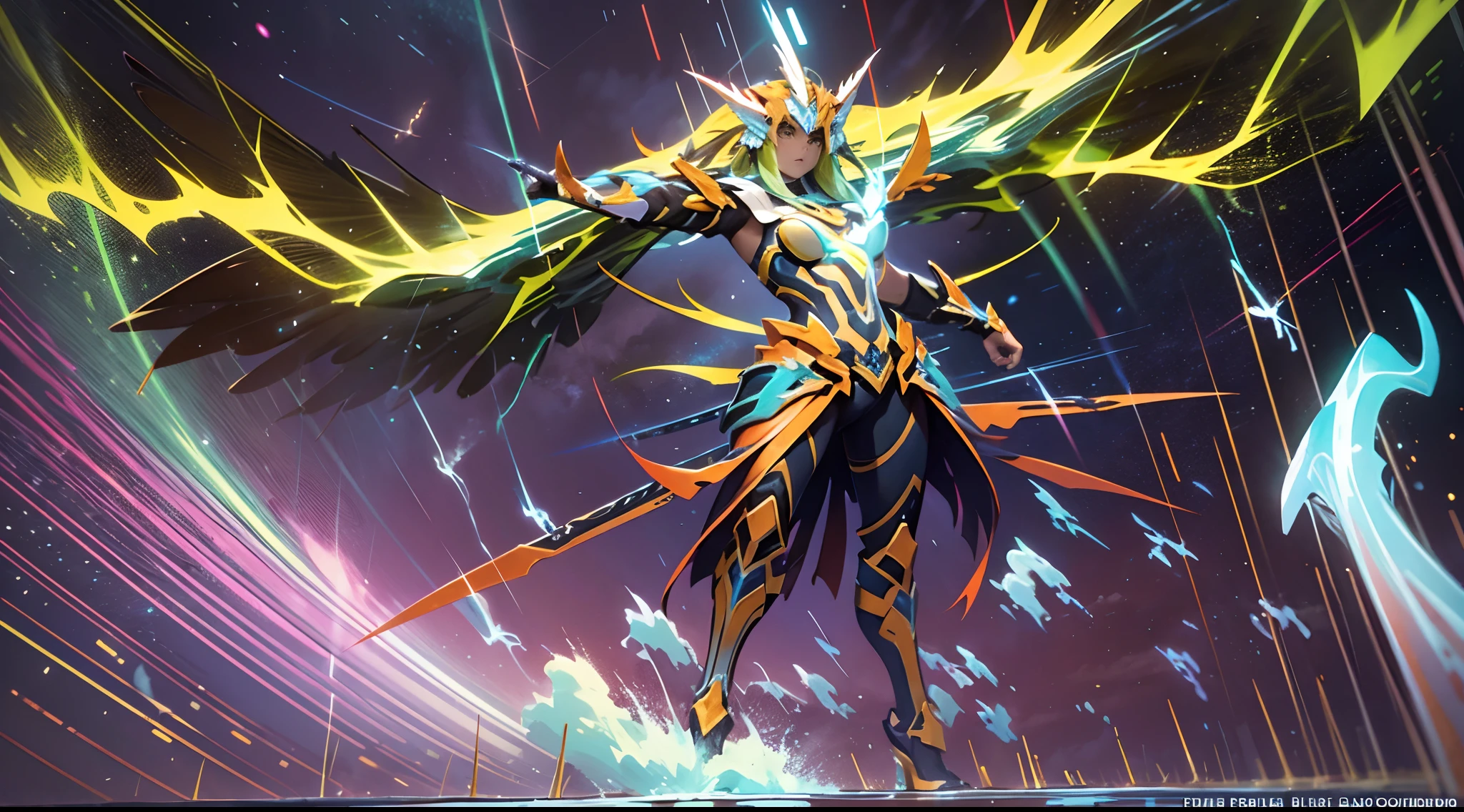 (A winged warrior who has swam through rivers of lightning),fotorrealista:1.37,Altas Resoluciones,vivid colors,Bokeh,Renderizado 3D,foco nítido,ultra detallado,Studio lighting,Guerrero,fierce expression,armadura,plumaje,Alas poderosas,lightning bolts,Aurora boreal,cielo tormentoso,superficies reflectantes,ethereal glow,mystical creature,Salpicaduras de agua,dynamic  pose,espada,Ruinas antiguas.