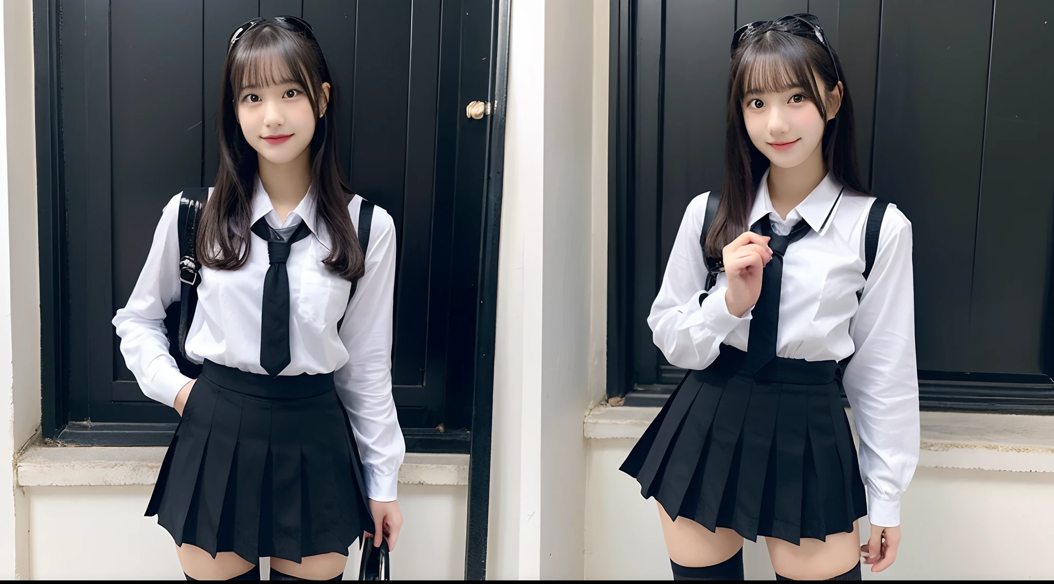 A masterpice、the best quality、Official Art、Highly detailed CG Unity 8k wallpapers、Like a schoolgirl、very delicate beautiful、ultra-high-resolution、(photorealestic:1.4)、Golden Hour Lighting、(Haut du corps)、(Platinum Shorthair:0.8)、(Puffy eyes)、looking at the viewers、looking to the front、laughing、JK Skirt、white dresses、Shirt Lift Long Black Hair、behind from、squatt