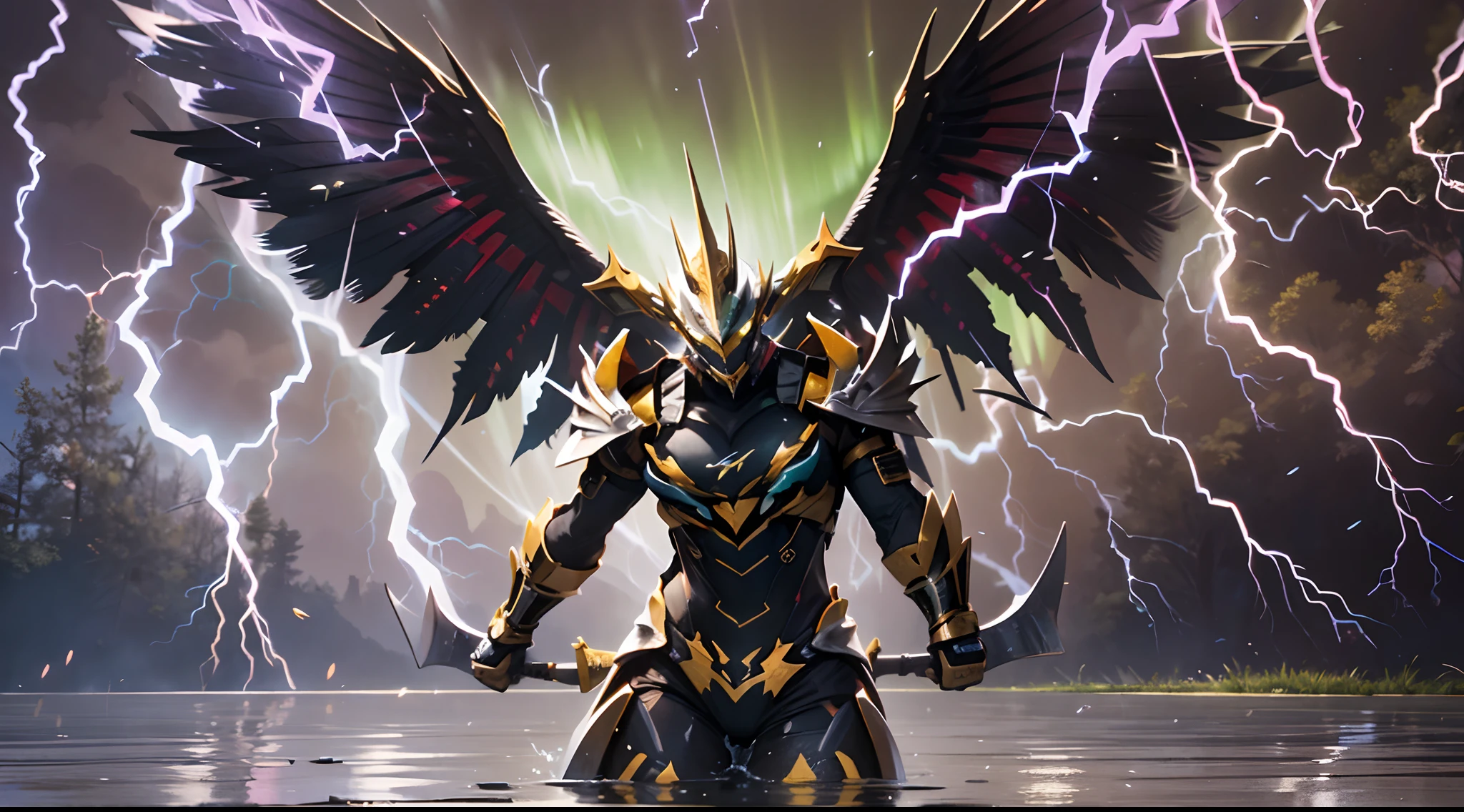 (A winged warrior who has swam through rivers of lightning),fotorrealista:1.37,Altas Resoluciones,vivid colors,Bokeh,Renderizado 3D,foco nítido,ultra detallado,Studio lighting,Guerrero,fierce expression,armadura,plumaje,Alas poderosas,lightning bolts,Aurora boreal,cielo tormentoso,superficies reflectantes,ethereal glow,mystical creature,Salpicaduras de agua,dynamic  pose,espada,Ruinas antiguas.