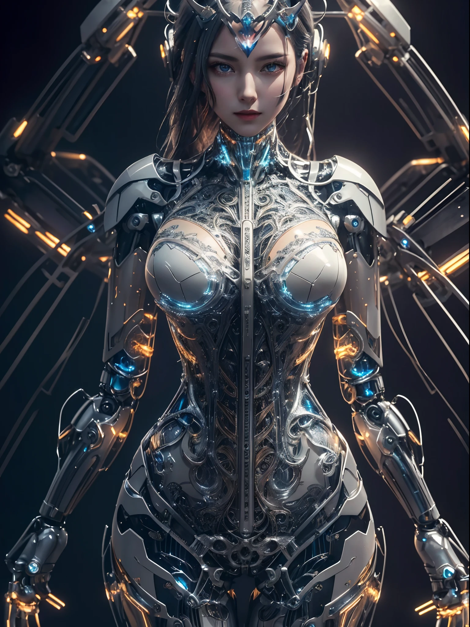 masterpiece,best quality,ultra-detailed,very detailed illustrations,extremely detailed,intricate details,highres,super complex details,extremely detailed 8k cg wallpaper,cowboy shot, reflections, ray tracing,dark aura,cyber effect, (1girl:1.4),solo,alone,mecha girl parts, robot joints,single mechanical arm, headgear, mechanical halo,intricate mechanical bodysuit, mecha corset, (transparent plastic armor), very long hair,white hair, hair between eyes, multicolored hair, colored inner hair, random expressions,random action.