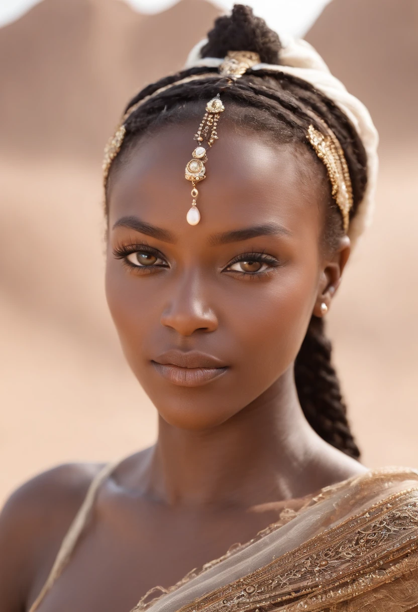 Black skin, beautiful face, veiled , african tribal theme, ((crystal clear hazel eyes:1.2)), detailed eyes, beautiful gray eyes, ((masterpiece, UHD, 8K)), Depth of field, sand dunes, cleavage, large breasts, focus on eyes, detailed skin, texture skin, golden brown tan, long eyelashes, black mascara, perfect face, long dress, close portrait