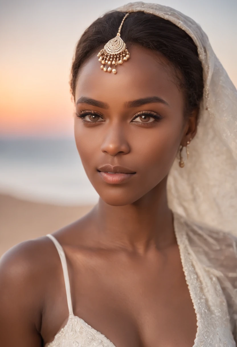 Black skin, beautiful face, veiled , african tribal theme, ((crystal clear hazel eyes:1.2)), detailed eyes, beautiful gray eyes, ((masterpiece, UHD, 8K)), Depth of field, sand dunes, cleavage, large breasts, focus on eyes, detailed skin, texture skin, golden brown tan, long eyelashes, black mascara, perfect face, long dress, close portrait