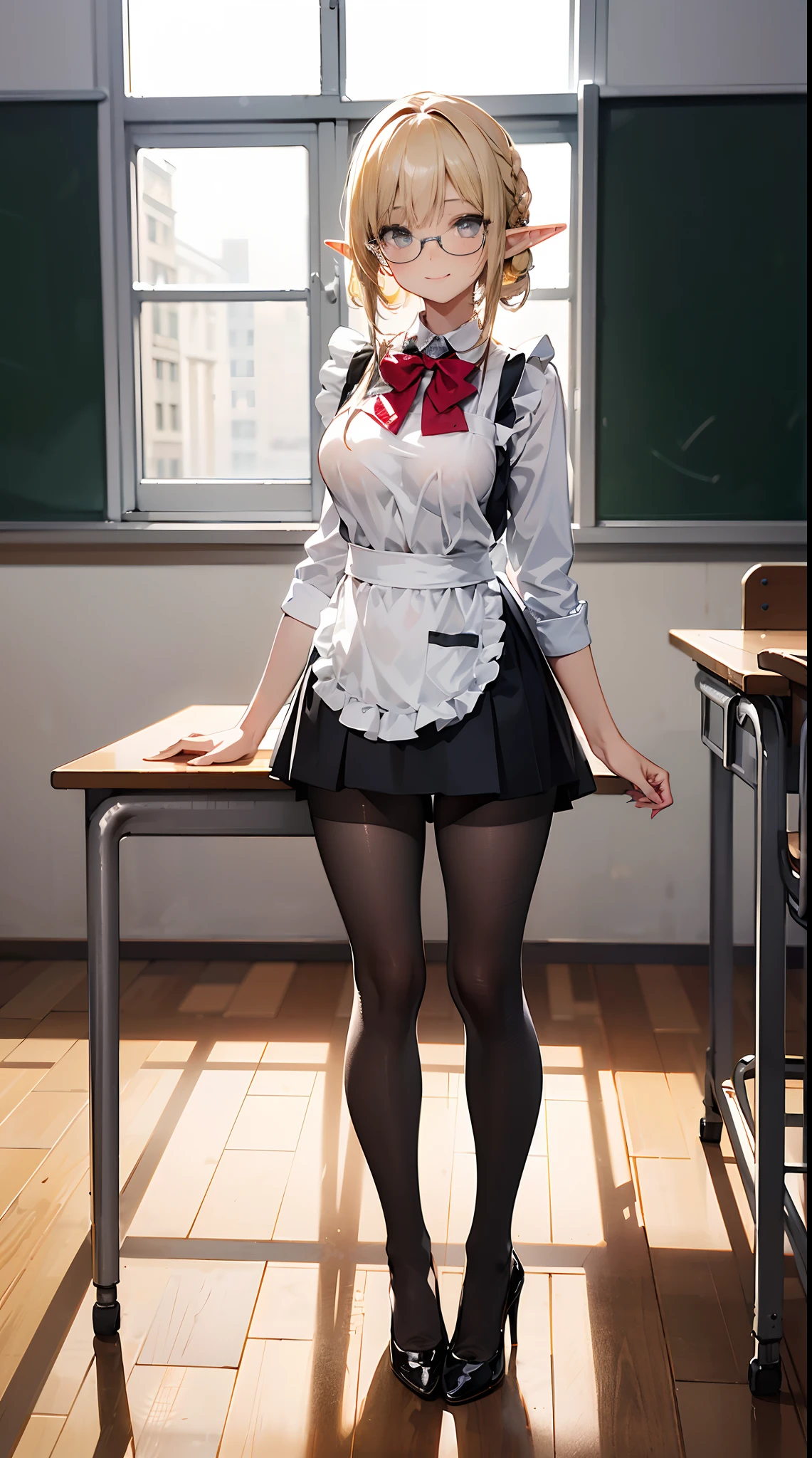 ((masterpiece)), ((best quality)), (ultra-detailed), ((kawaii)), cute, (erotic), ((sexy)), (ero), ((extremely detailed)), 4K, (8K), best quality, (beautiful), realistic, real, full body focus, school, classroom, a pretty mature elf, dark skin:1.8, solo, brown school uniform:1.5, apron, beautiful light blonde, beautiful grey eyes, ((beautiful eyes with highlights )), transparent hair, translucent hair, medium breast, nude tights, glasses, smile, neon light, reflection effect, beige pantyhose:1.6, nude tights, high heels