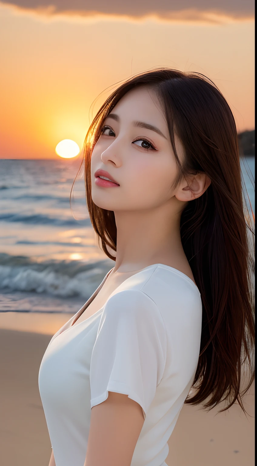 Mustepiece, top quality, illustration, ultra-definition, fine details, high resolution, 8K wallpaper, perfect dynamic composition, beautiful detailed eyes, wearing a dress, natural color lips, beach, random cute pose, perfect and beautiful face , cute, sexy face, sunset, feminine face