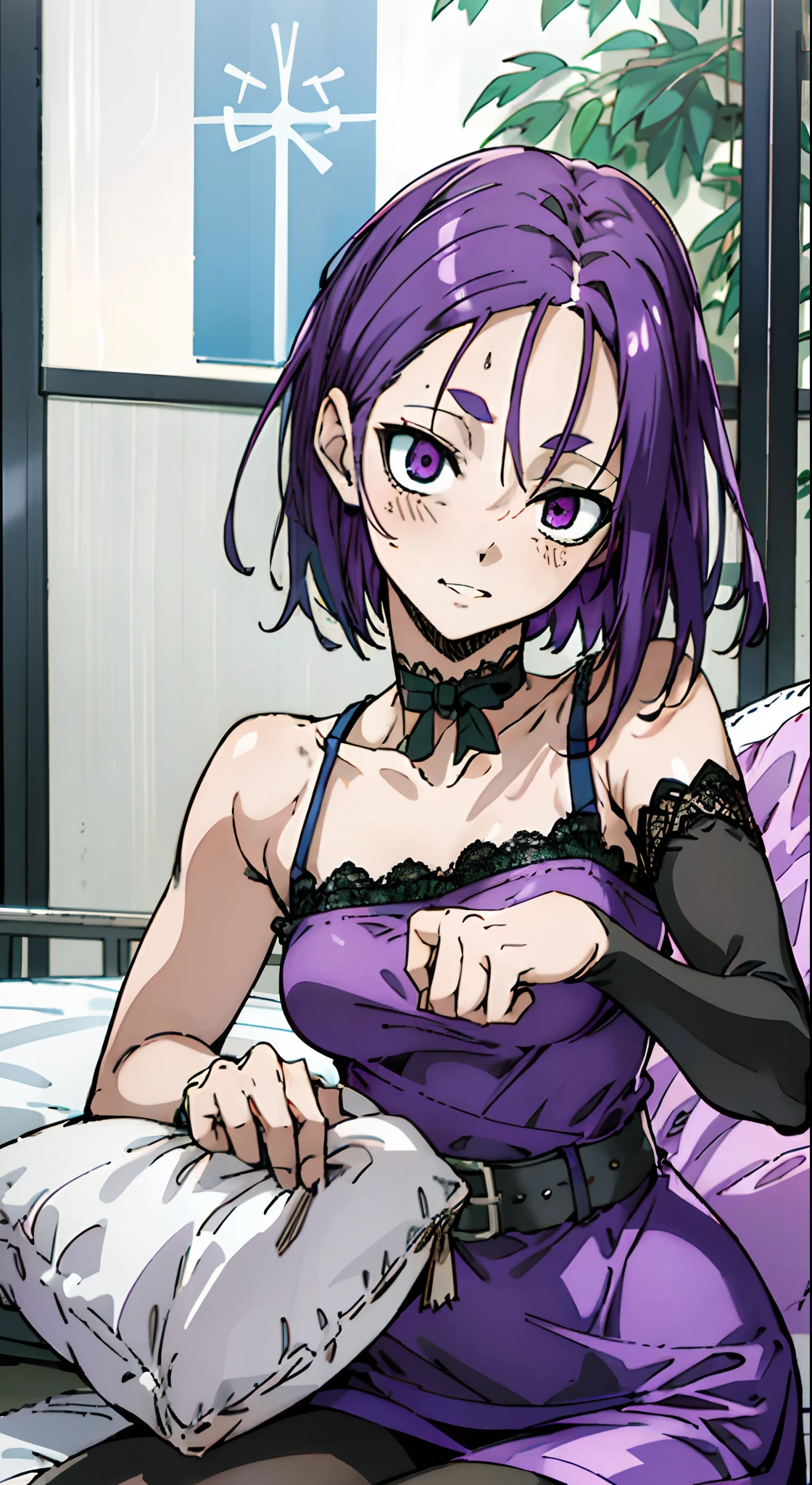 masutepiece, Best Quality, Ultra-detailed, Colorful,Up-close, Hyper-detailing,purple color hair, Reo Mikage, Blue Lock, no sleeves, Camisole, Blue Camisole, Cheongsam, chinese clothes, Skirt under dress, frilly pannier, Chest exposure, Underwear, Ruffled underwear, Metamorphosis is exposed, Choker, Black Choker, arm warmer, Sexy breasts, Scar, Big breasts, red blush, 1girl in, Solo, Sharp face, Heterochromia, Green eyes, Purple eyes, Bare neck, Happy face, Bedroom, bed, Bare legged, leggins, Black Leggings, PILLOWS, Blue pillow