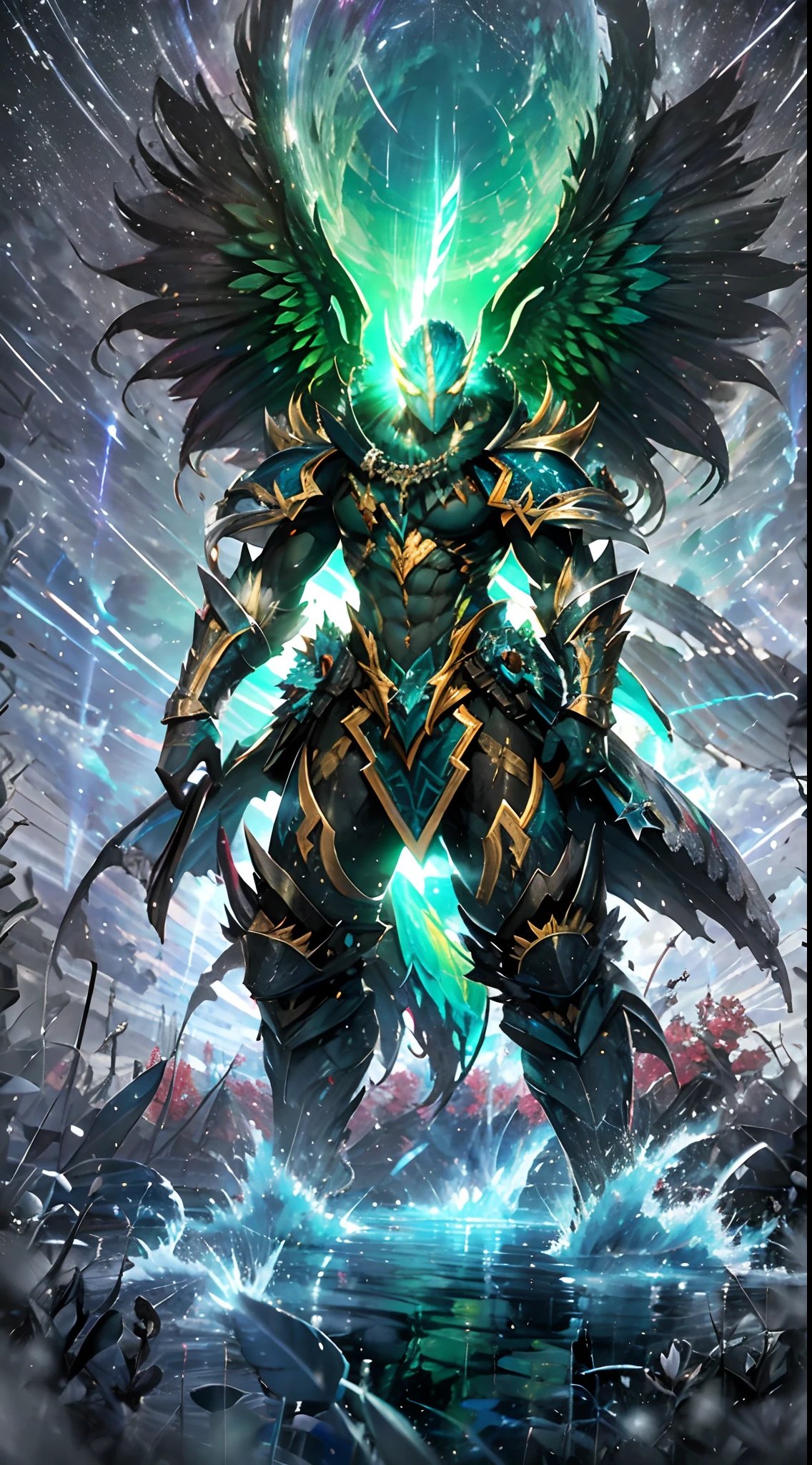 (A winged warrior who has swam through rivers of lightning),fotorrealista:1.37,Altas Resoluciones,vivid colors,Bokeh,Renderizado 3D,foco nítido,ultra detallado,Studio lighting,Guerrero,fierce expression,armadura,plumaje,Alas poderosas,lightning bolts,Aurora boreal,cielo tormentoso,superficies reflectantes,ethereal glow,mystical creature,Salpicaduras de agua,dynamic pose,espada,Ruinas antiguas.