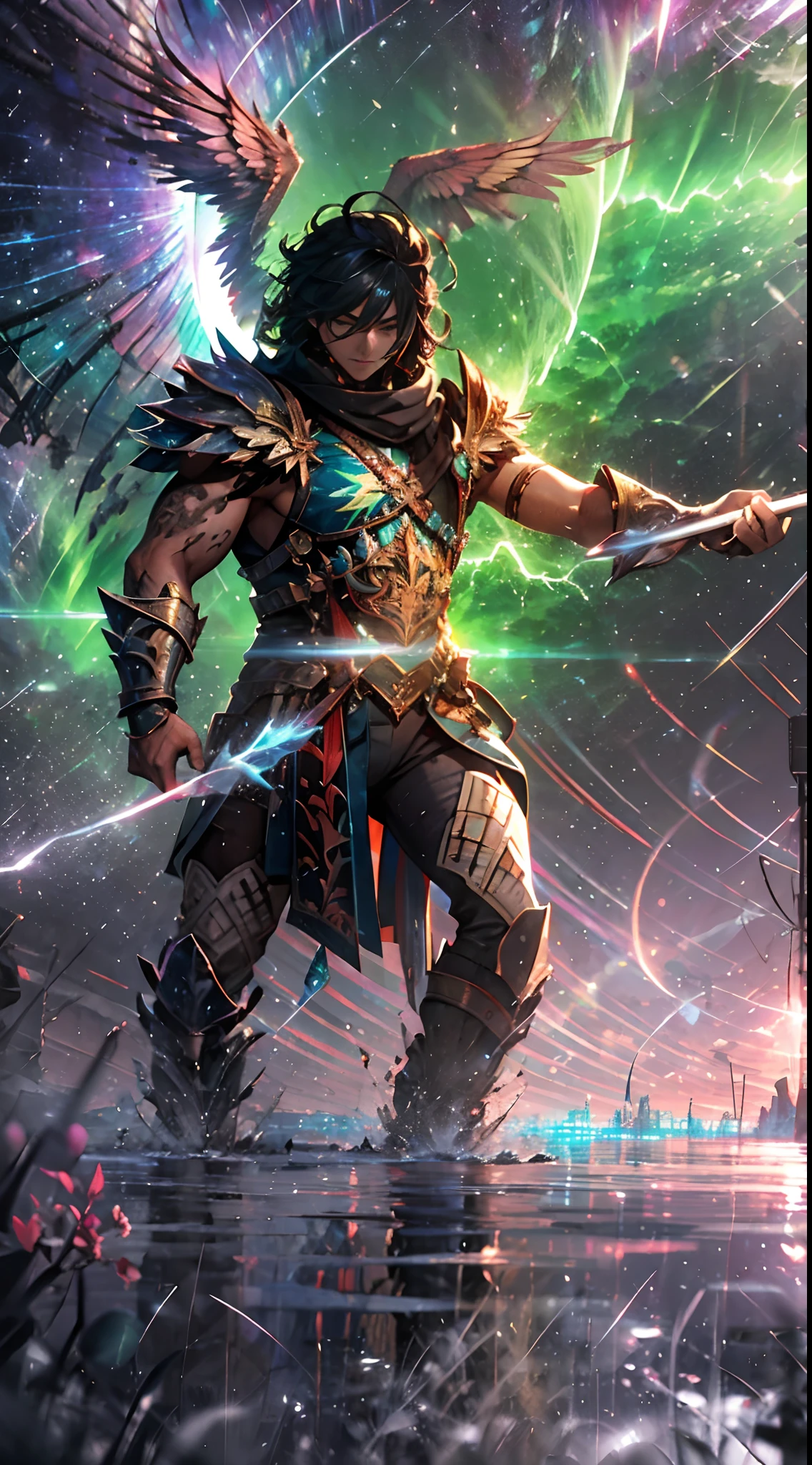 (A winged warrior who has swam through rivers of lightning),fotorrealista:1.37,Altas Resoluciones,vivid colors,Bokeh,Renderizado 3D,foco nítido,ultra detallado,Studio lighting,Guerrero,fierce expression,armadura,plumaje,Alas poderosas,lightning bolts,Aurora boreal,cielo tormentoso,superficies reflectantes,ethereal glow,mystical creature,Salpicaduras de agua,dynamic pose,espada,Ruinas antiguas.