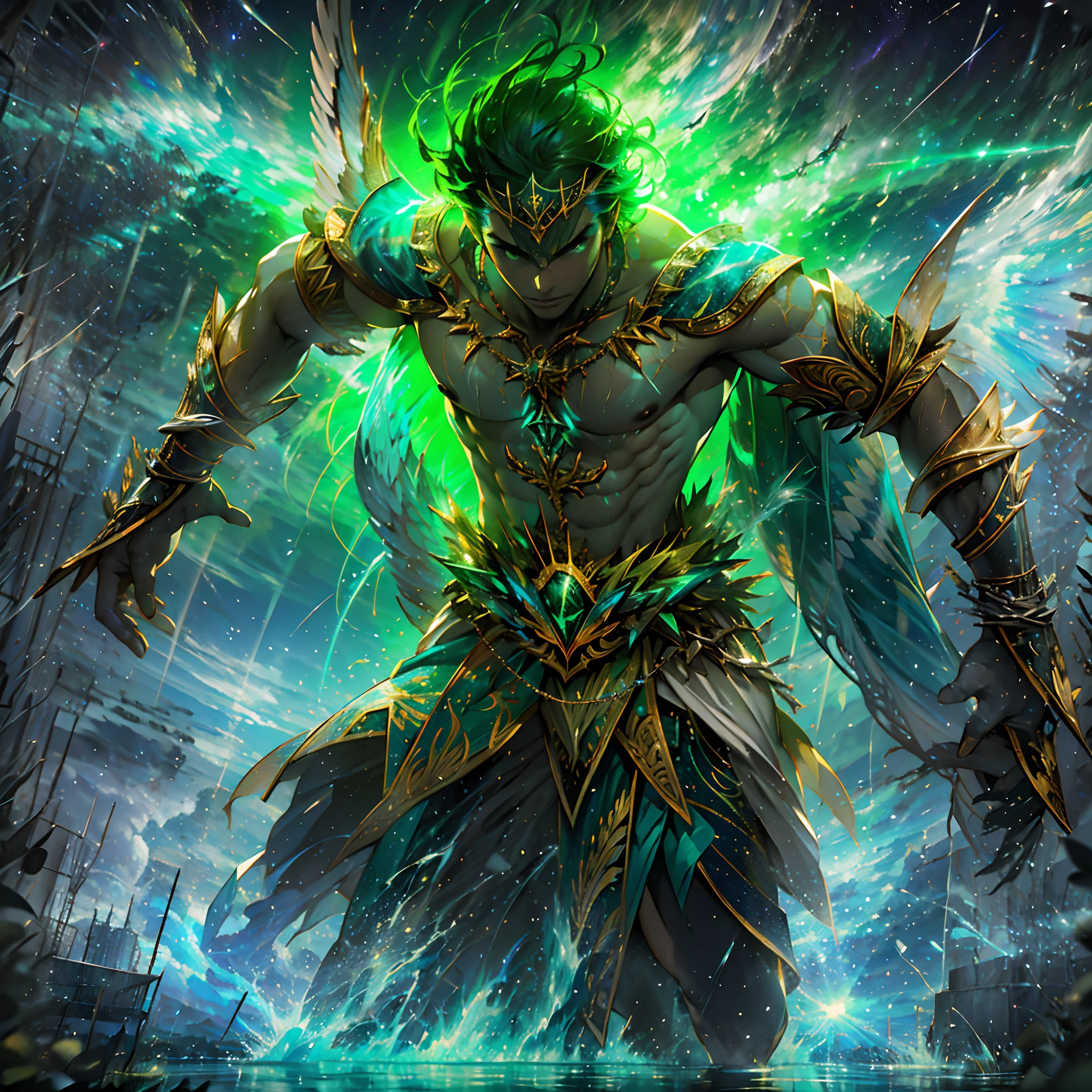 (A winged warrior who has swam through rivers of lightning),fotorrealista:1.37,Altas Resoluciones,vivid colors,Bokeh,Renderizado 3D,foco nítido,ultra detallado,Studio lighting,Guerrero,fierce expression,armadura,plumaje,Alas poderosas,lightning bolts,Aurora boreal,cielo tormentoso,superficies reflectantes,ethereal glow,mystical creature,Salpicaduras de agua,dynamic  pose,espada,Ruinas antiguas.