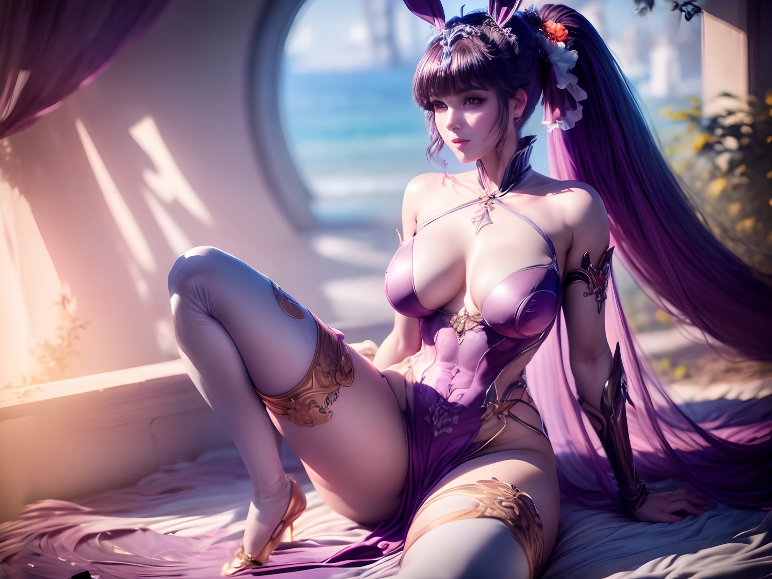 (masterpiece: 1.4), (best quality: 1.2), (ultra realistic), Xiao Wu, A captivating anime girl gracefully emerges from the pages of a watercolor painting, 1girl, halo, black hair, long hair, yellow eyes, official alternate costume, rabbit ears, playboy bunny, fishnet pantyhose, detached collar, blue bowtie, white gloves, wrist cuffs, ponytail, beautiful background, plushies, elements, beach. her vibrant and intricate colors breathing life into the artwork. She dons an extraordinary fantasy costume adorned with delicate details, reflecting the enchanting world she inhabits. The watercolor style imbues the image with a sense of fluidity and delicacy, as if the colors are effortlessly blending and bleeding into one another. watercolor brushstrokes, full body portrait,