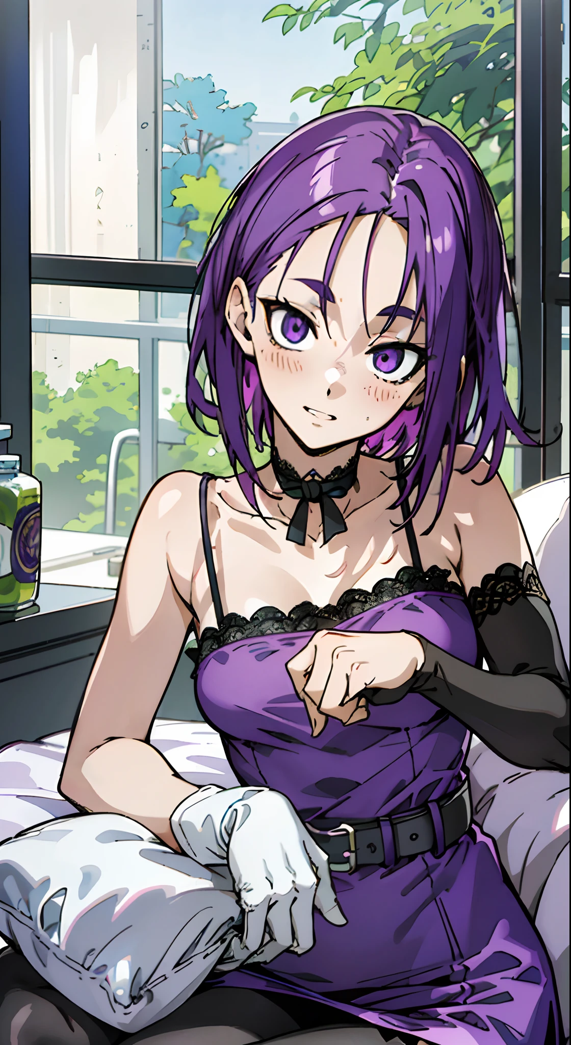 masutepiece, Best Quality, Ultra-detailed, Colorful,Up-close, Hyper-detailing，purple color  hair, Ultra-realistic hair quality, Vibrant colors, Beautuful Women, Beautiful long hair, Shiny hair, detailed hairs, Hair Ribbon, Single-sided up, Reo Mikage, Blue Lock, no sleeves, Camisole and cheongsam, Dress, Lace dress, chinese clothes, Chest exposure, Lace underwear, Metamorphosis is exposed, Belt bag, Choker, Black Choker, arm warmer, complete fingers, Five Fingers, gloves, White Gloves, short gloves, Relative area, Bare legged, leggins, Lace Leggings, Blue leggings, Long leggings, Sexy breasts, Big breasts, red blush, 1girl in, Solo, Sharp face, Heterochromia, Green eyes, Purple eyes, Bare neck, Happy face, Bedrooms, Sitting, Sitting on the bed