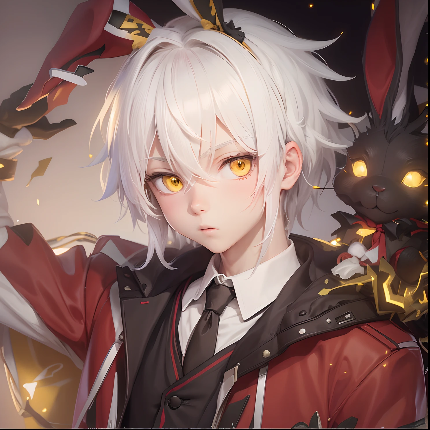 Anime illustration, White haired boy with rabbit ears with yellow eyes, in a red jacket and black school uniform with yellow tie, tangled in Christmas tree lights, wearing a Santa hat, in a Christmas decorated town