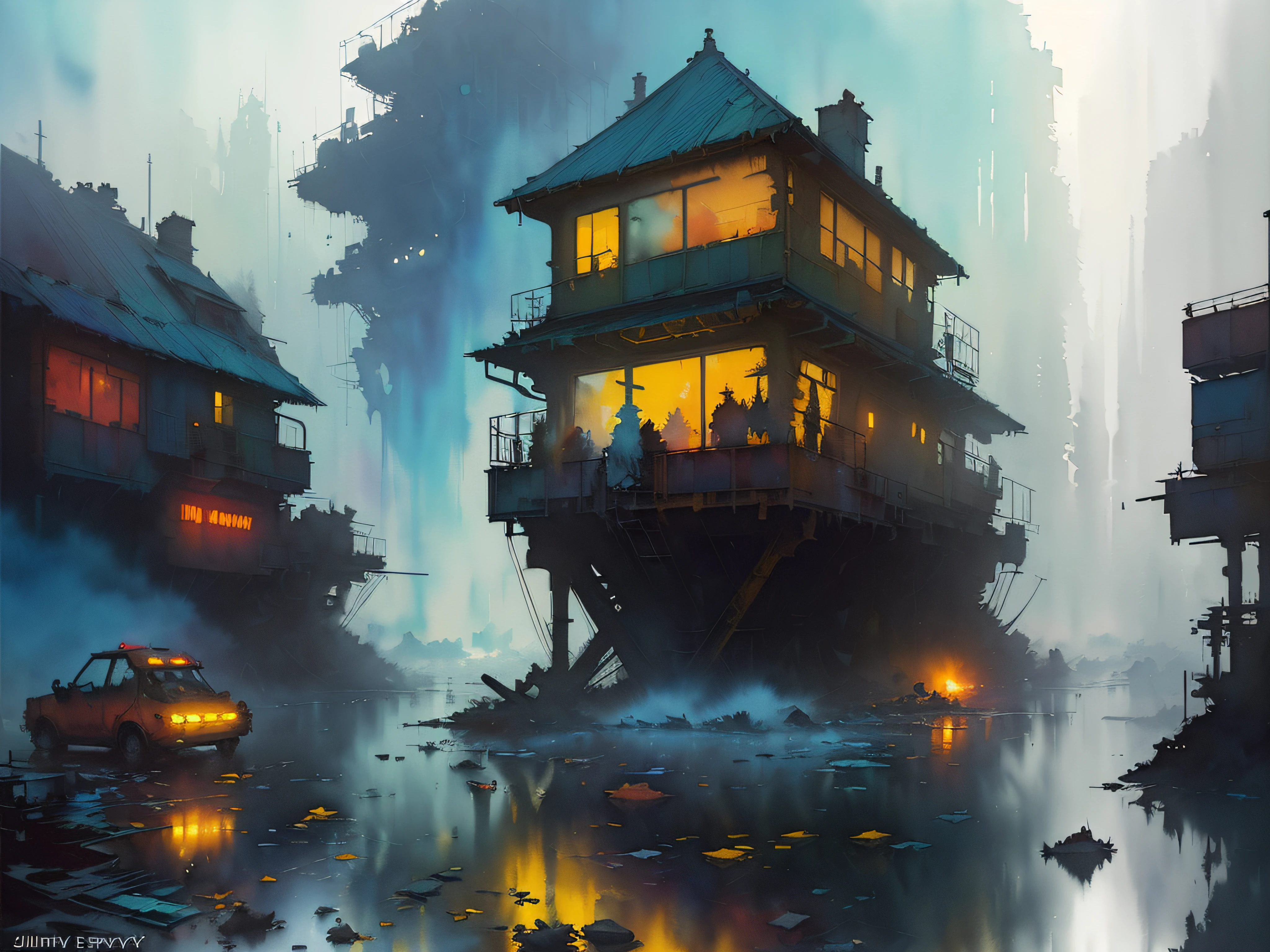 colorful, ((watercolor painting by John Berkey and Jeremy Mann)) brush strokes, sweater, 8k, fantasy art, mysterious, Bokeh, and floating islands, (photorealistic painting, masterpiece:1.2, vibrant color palette:1.1), dramatic, (best quality:1.1), misty night, watermill, cowboy shot, trending on CGsociety, ((best quality))