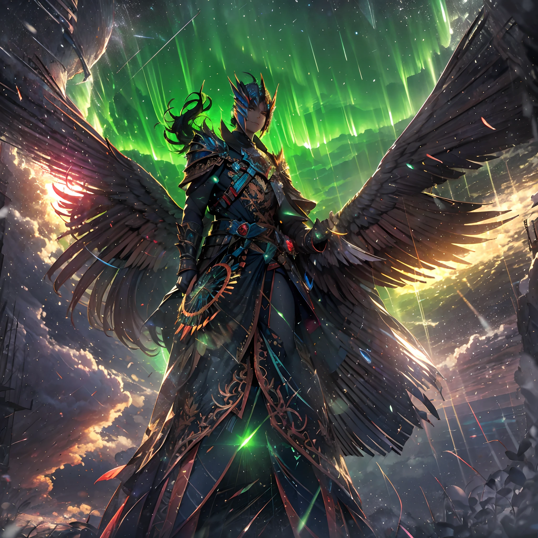 (A winged warrior who has swam through rivers of lightning),fotorrealista:1.37,Altas Resoluciones,vivid colors,Bokeh,Renderizado 3D,foco nítido,ultra detallado,Studio lighting,Guerrero,fierce expression,armadura,plumaje,Alas poderosas,lightning bolts,Aurora boreal,cielo tormentoso,superficies reflectantes,ethereal glow,mystical creature,Salpicaduras de agua,dynamic pose,espada,Ruinas antiguas.