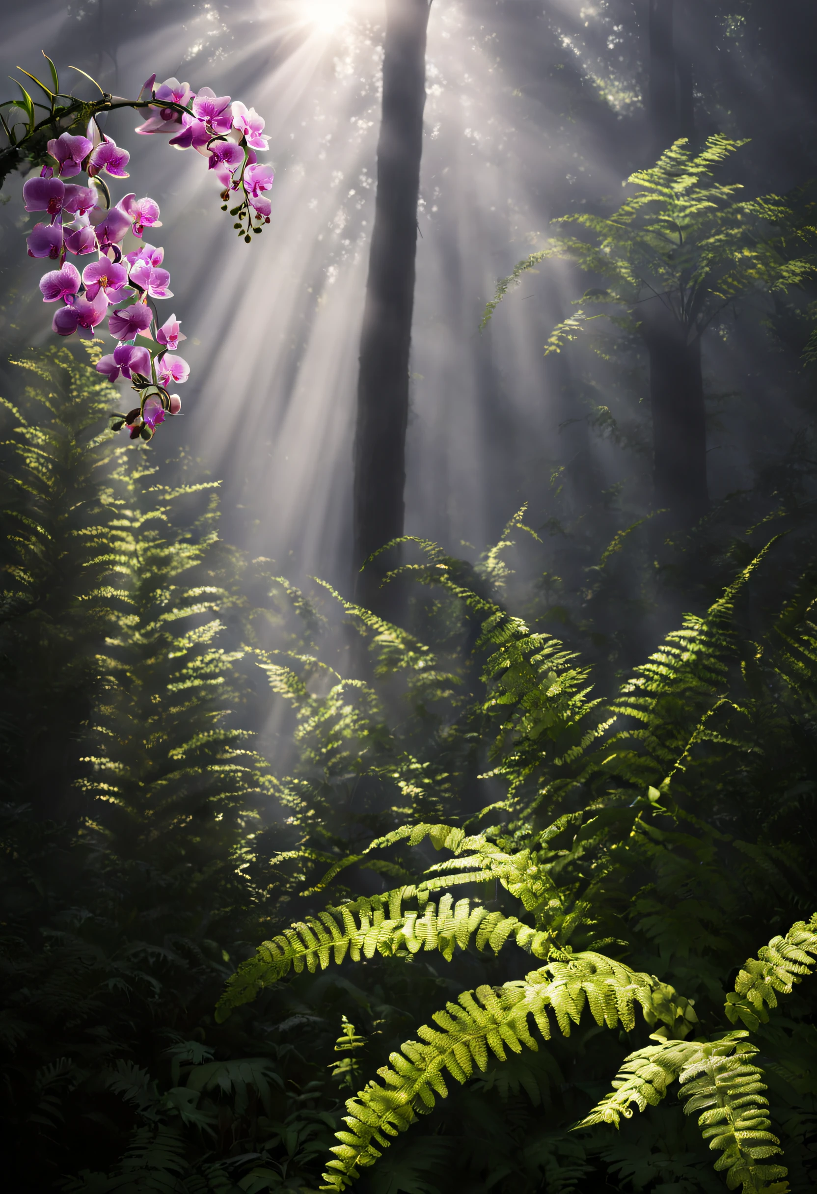 A beautiful photo of dense forest, creeping rope, fern, orchids, rays of sun, fog